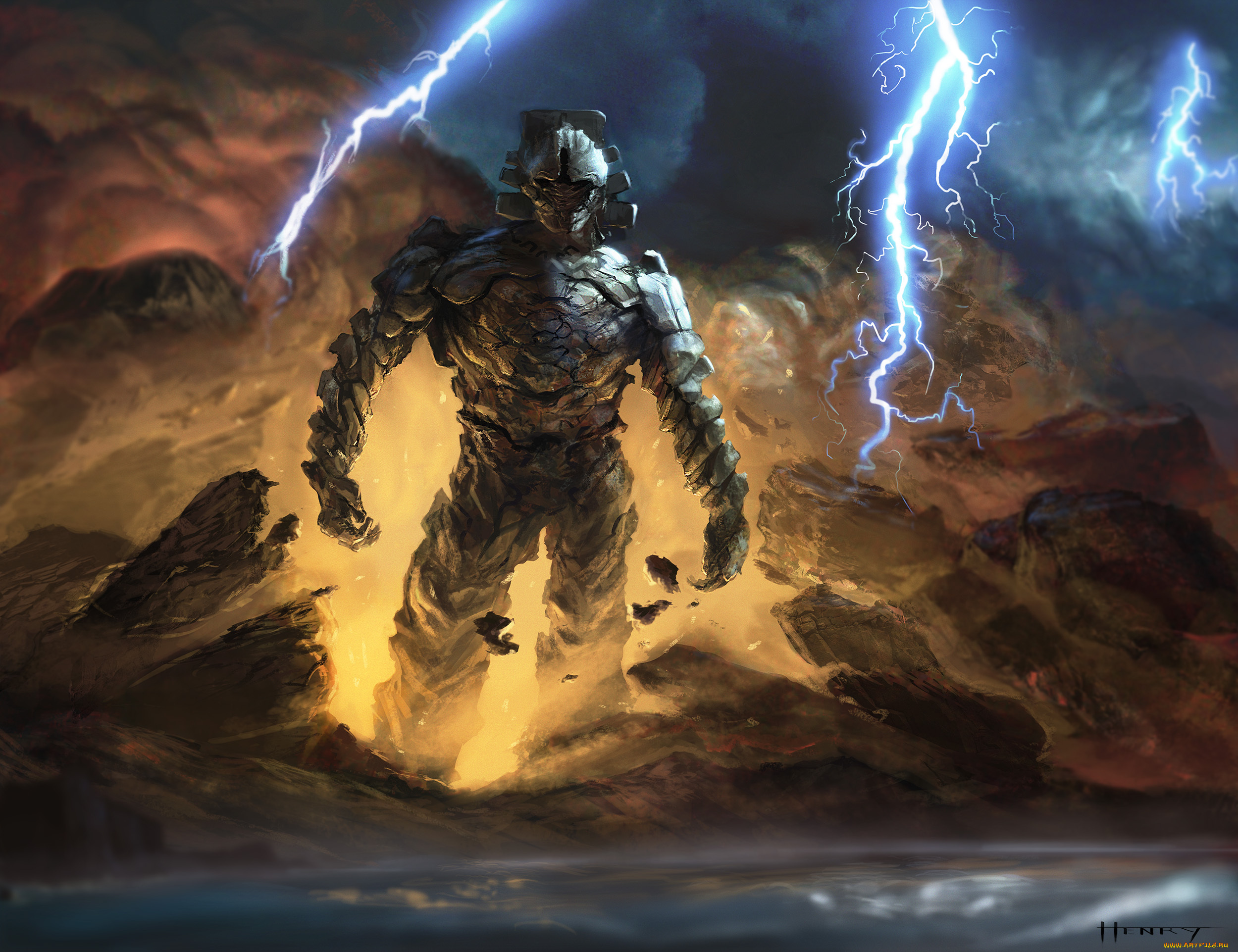 фэнтези, существа, обломки, молнии, камни, земля, гигант