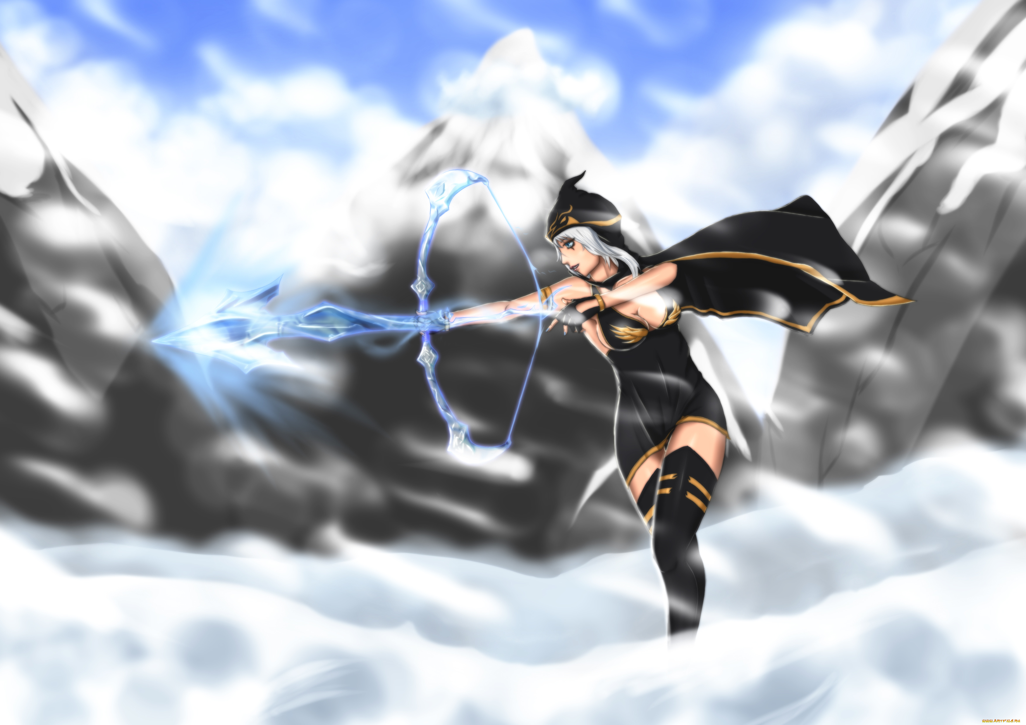 league, of, legends, фэнтези, девушки, ashe, капюшон, грудь, лучник, лук, оружие, девушка, league, of, legends, зима, горы