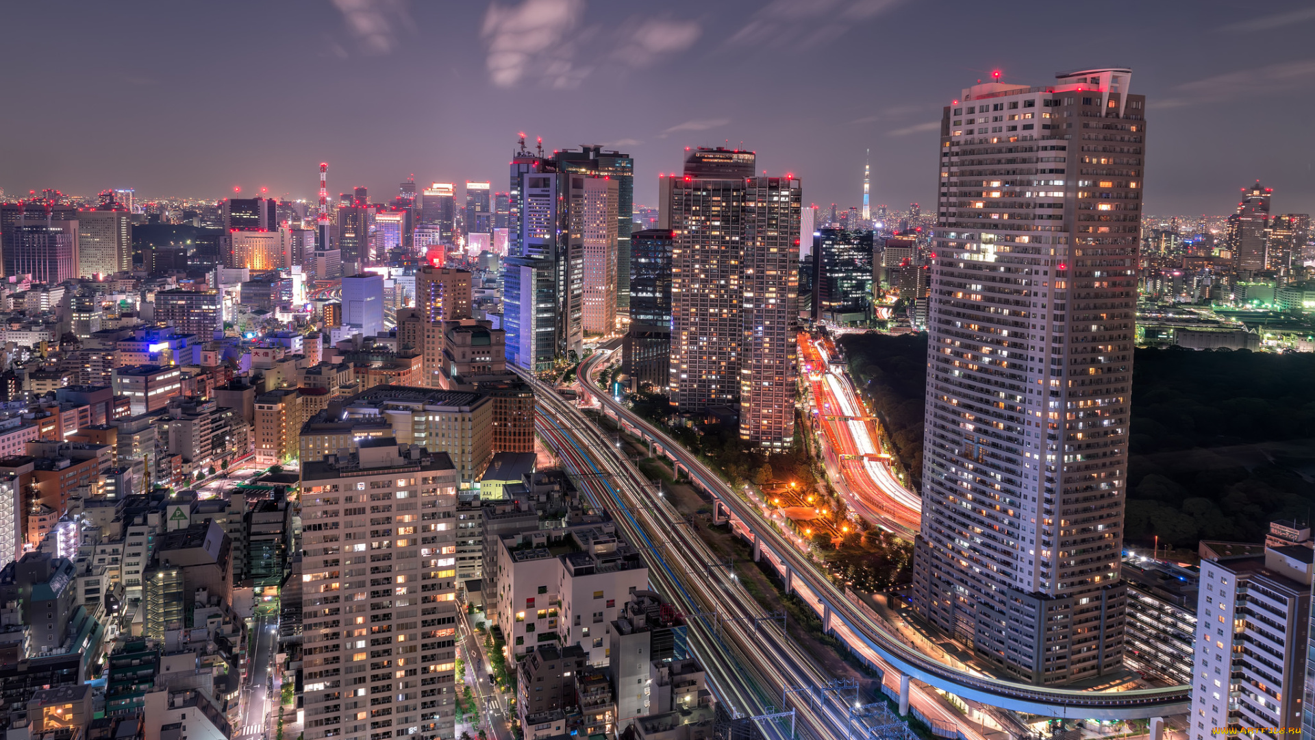 города, -, огни, ночного, города, огни, здания, ночь, город