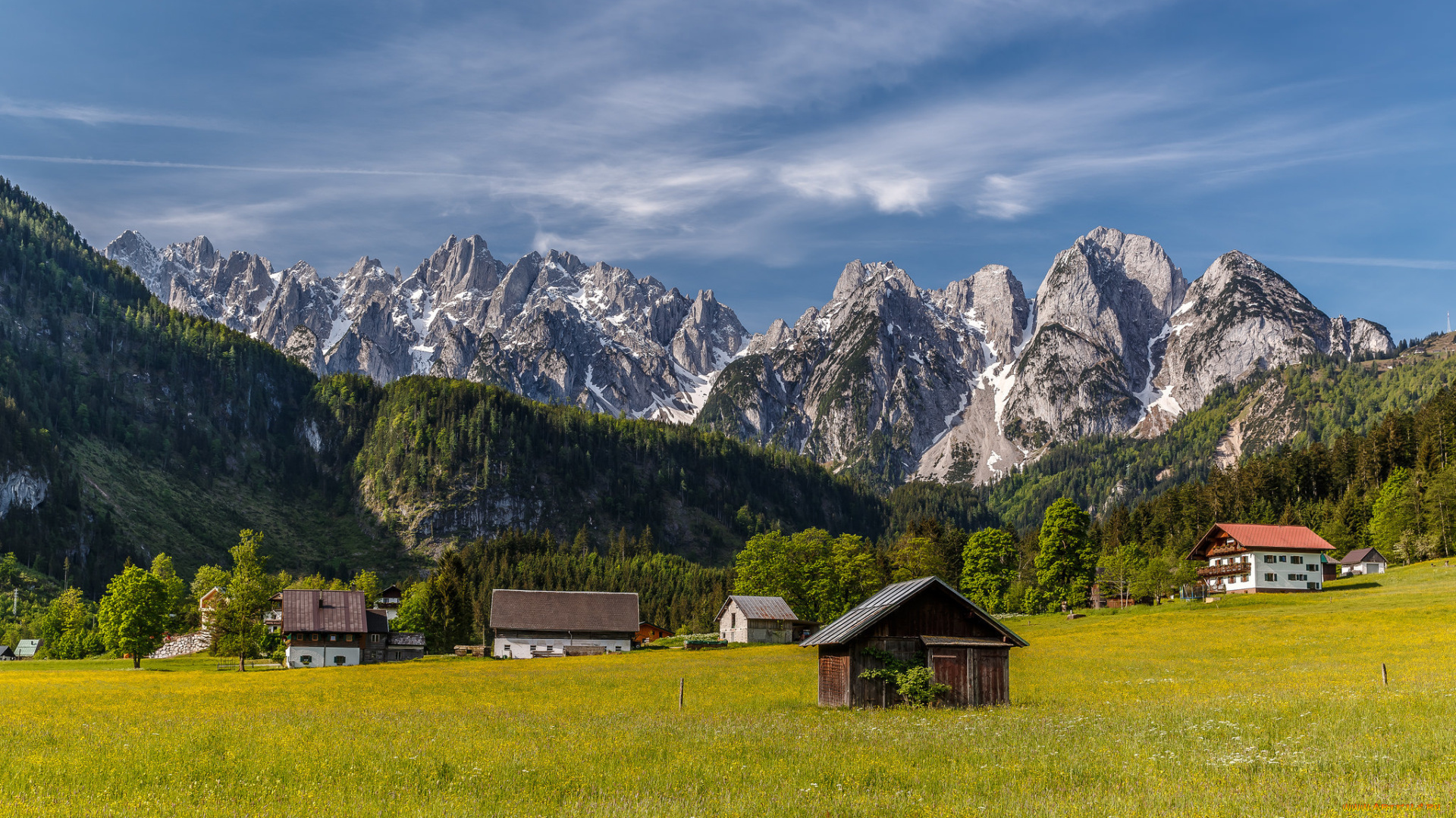 города, -, пейзажи, alps, austria, альпы, австрия, горы, деревня, домики, дома, долина, луг
