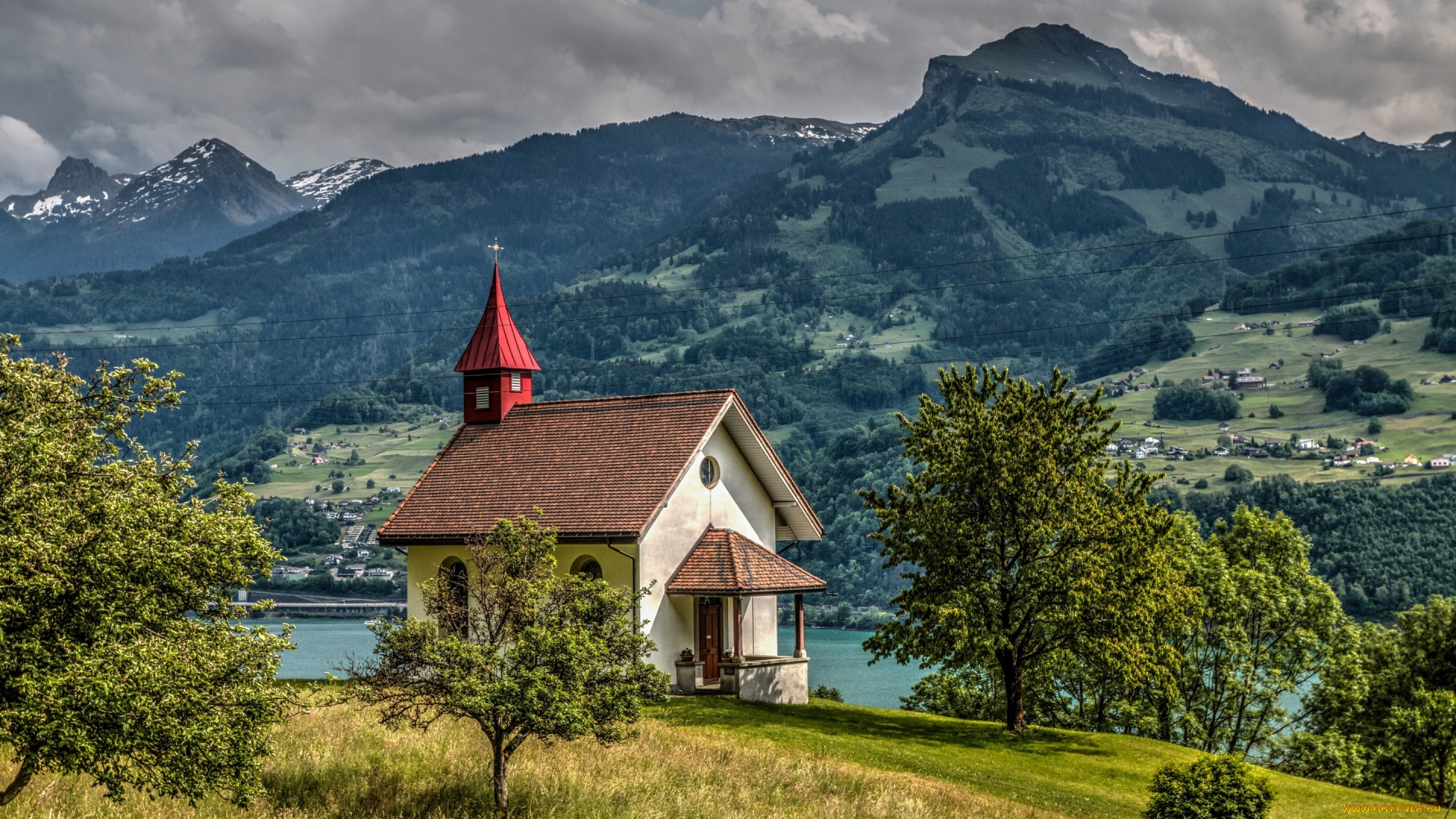 города, -, пейзажи, chapel, vorderbethlis, lake, walensee, alps, switzerland, озеро, валензе, альпы, швейцария, часовня, горы, деревья