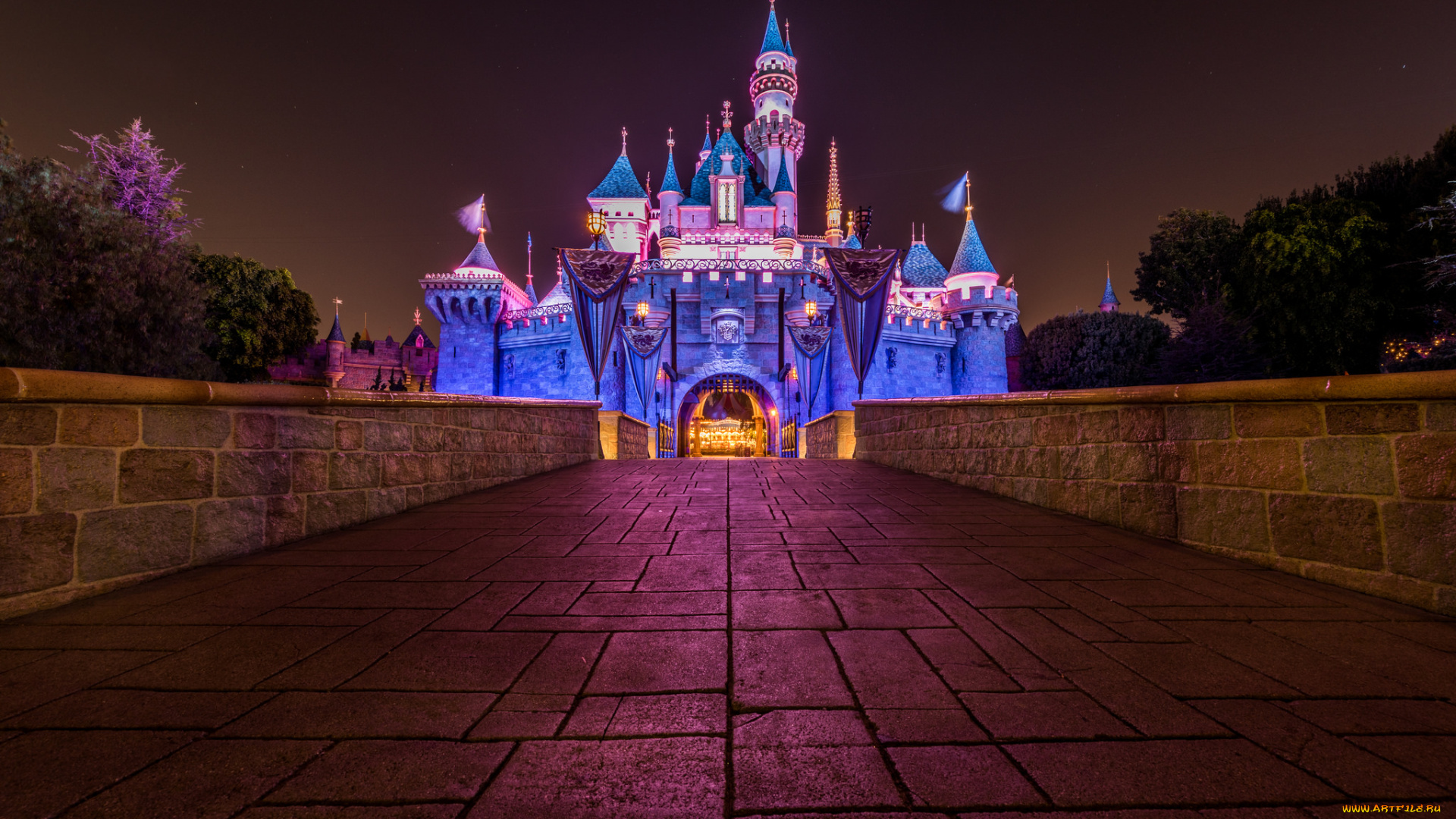города, диснейленд, площадь, ночь, замок