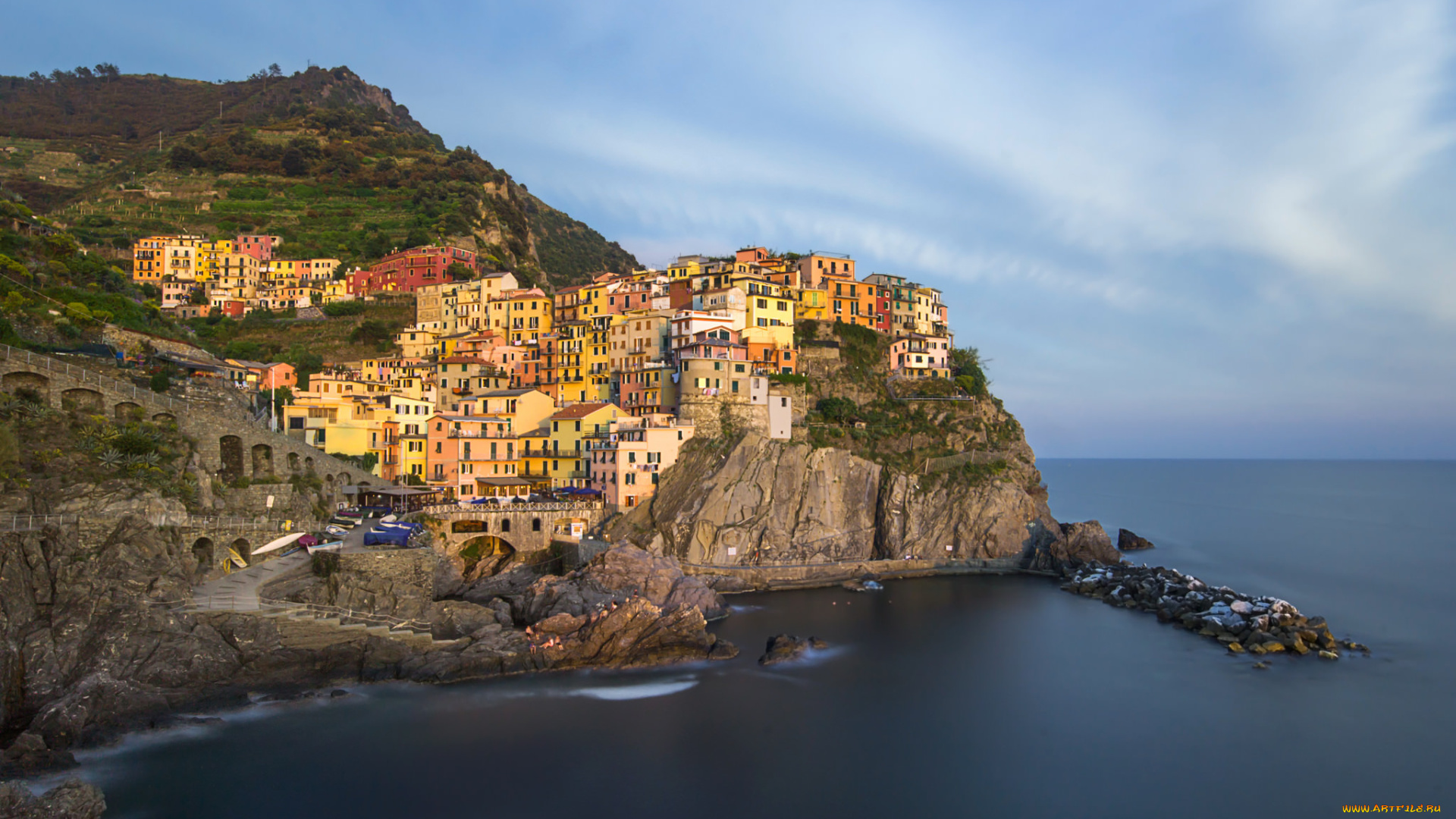 manarola, at, sunset, города, -, пейзажи, поселок, скала, море