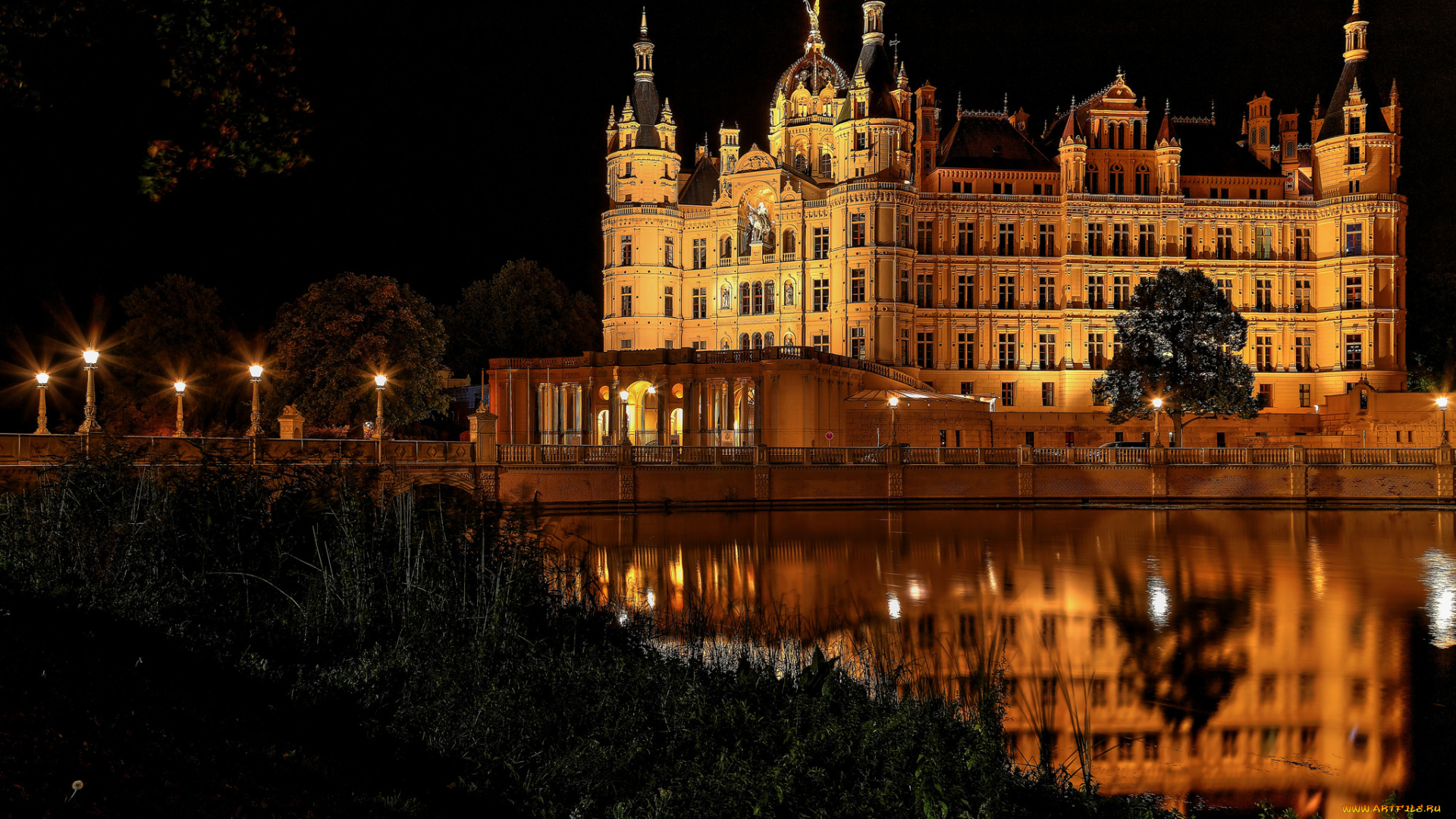schwerin, города, замок, шверин, , германия, замок, водоем, ночь