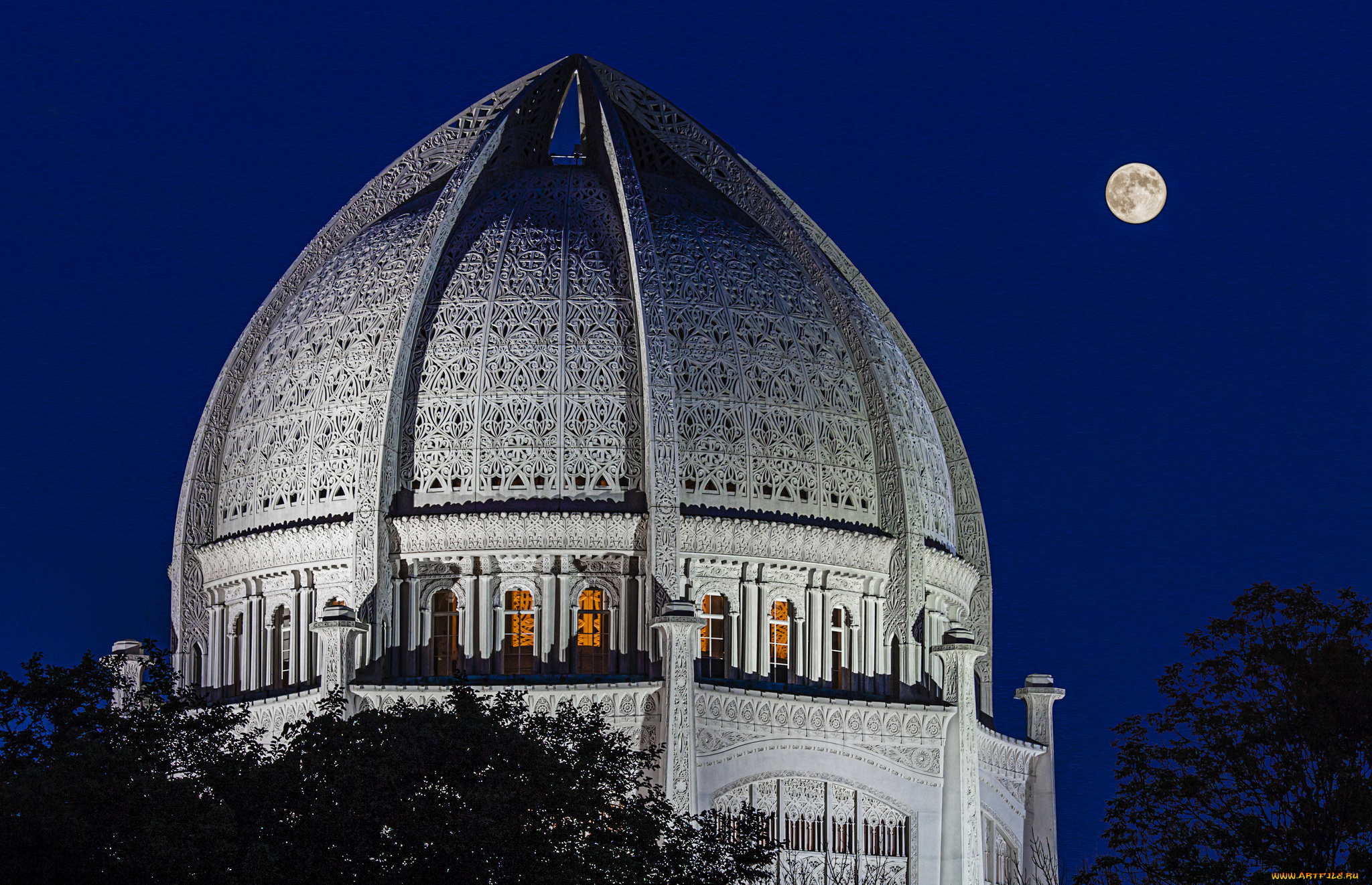 full, moon, over, baha`i, temple, города, Чикаго, , сша, купол, храм, луна, ночь