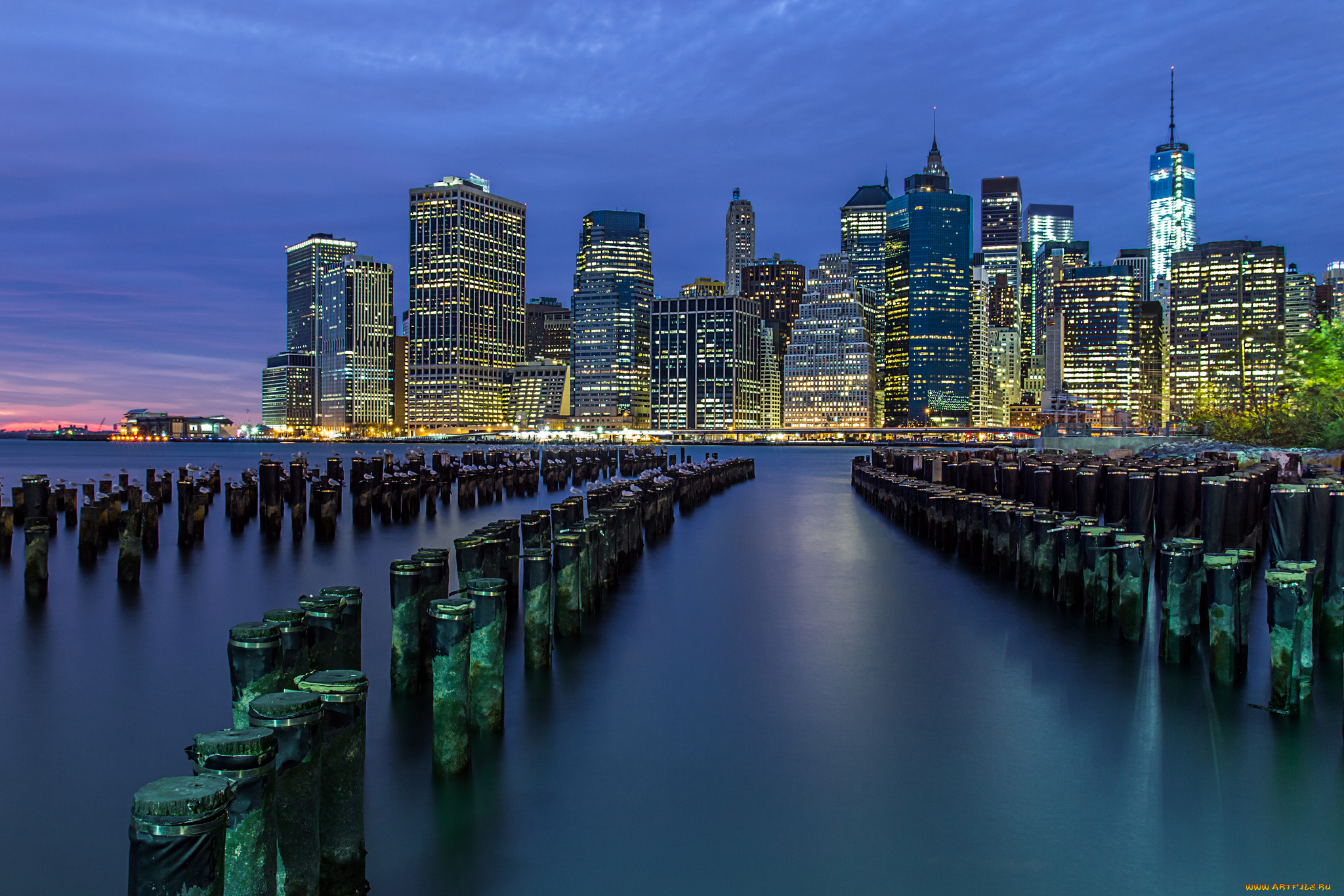 nyc, skyline, города, нью-йорк, , сша, сваи, залив, огни, небоскребы, ночь