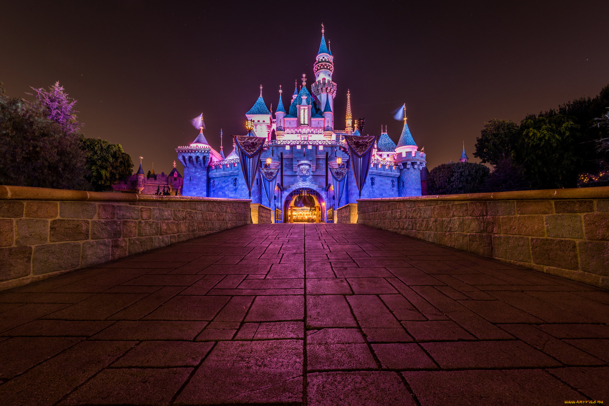 города, диснейленд, площадь, ночь, замок