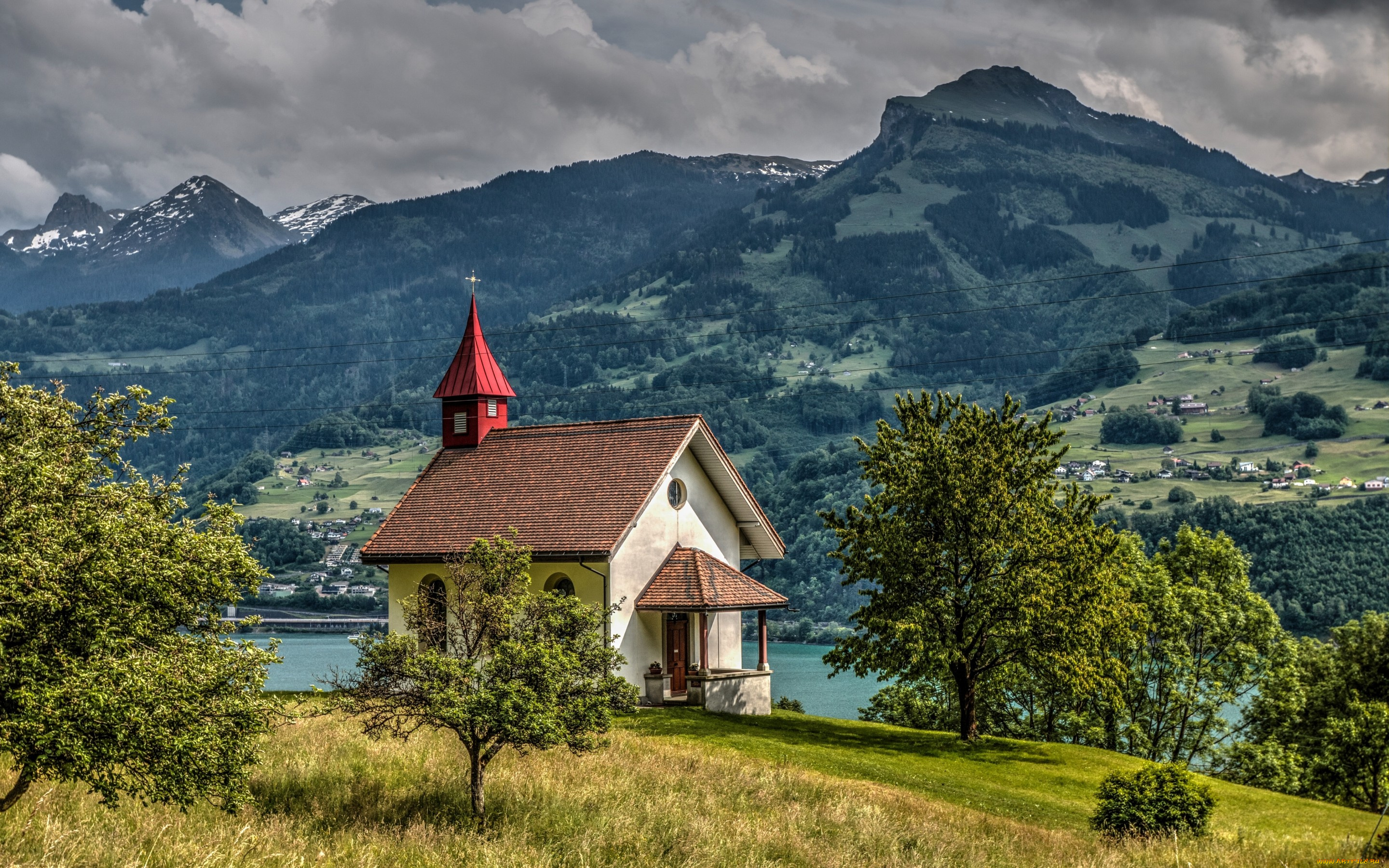 города, -, пейзажи, chapel, vorderbethlis, lake, walensee, alps, switzerland, озеро, валензе, альпы, швейцария, часовня, горы, деревья