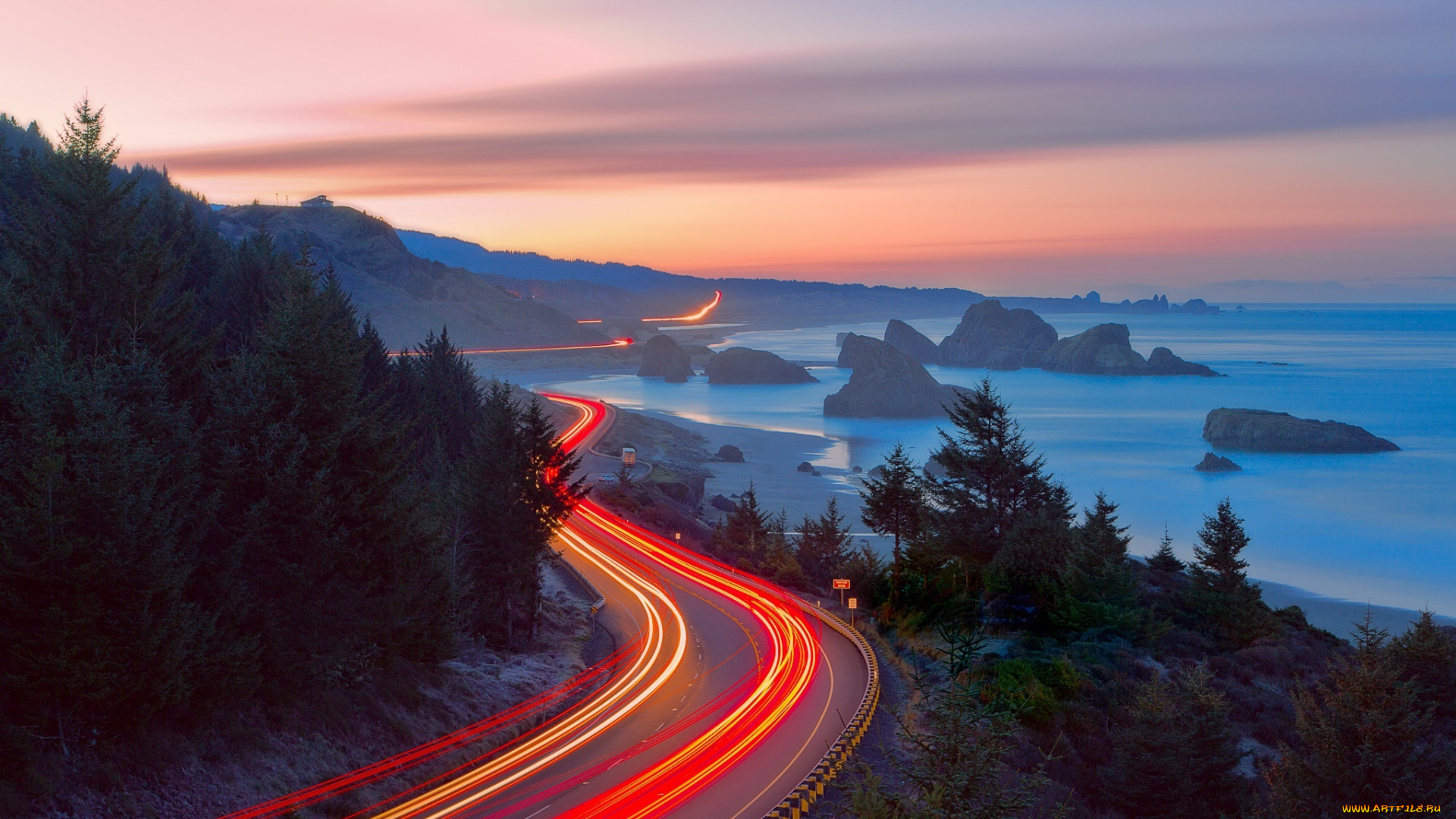 природа, дороги, дорога, океан, выдержка, лес, свет