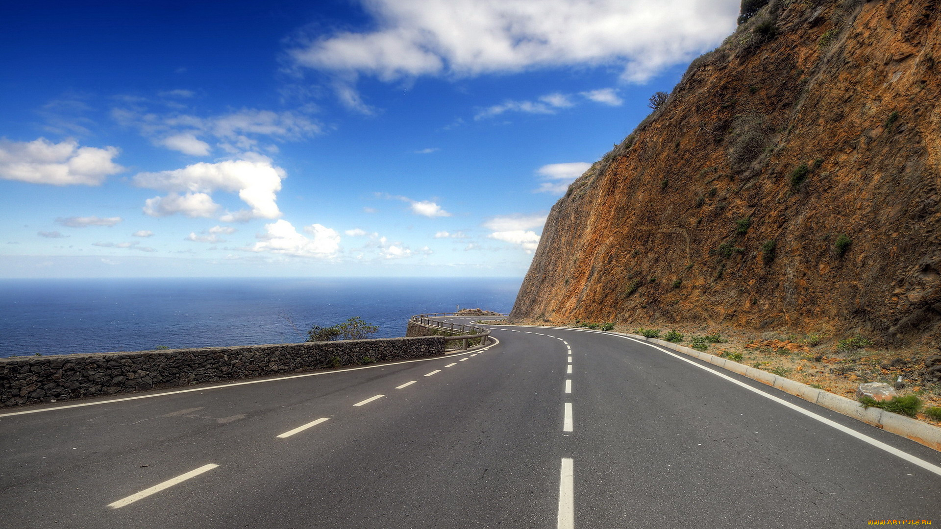 природа, дороги, море, гора, шоссе, разметка