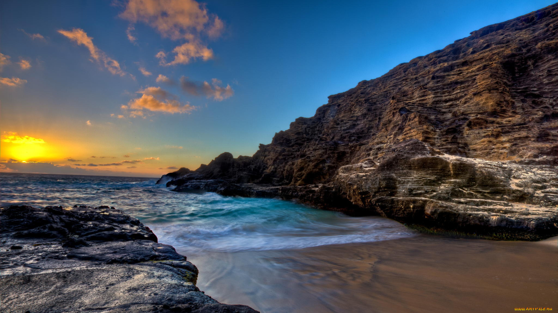 природа, побережье, скала, камни, пляж, берег, рассвет