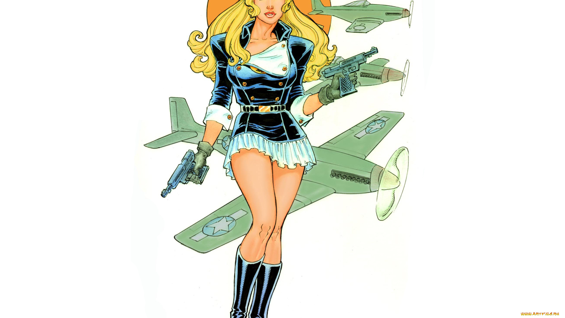 рисованное, комиксы, девушка, самолет, униформа, взгляд, фон