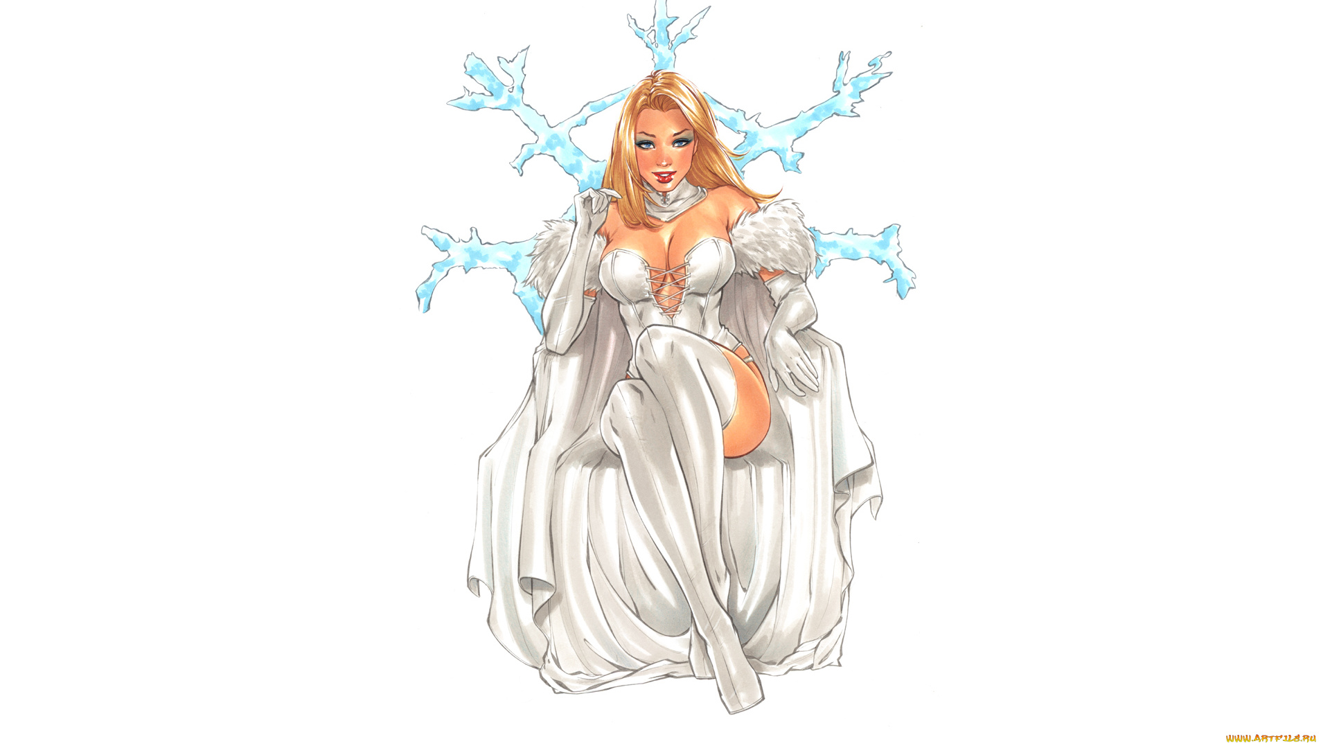 рисованное, комиксы, снежинка, кресло, улыбка, взгляд, фон, девушка