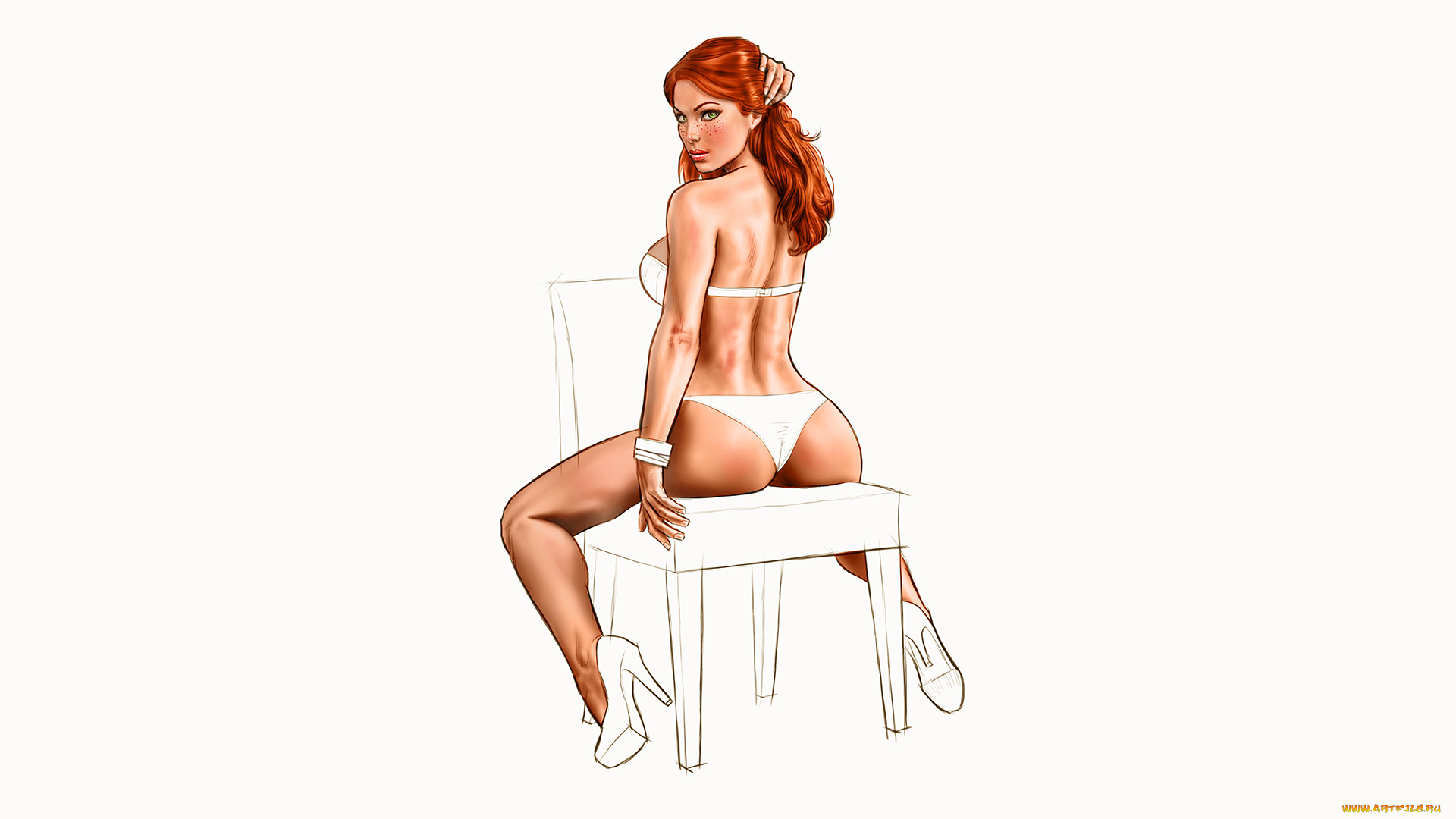 рисованное, люди, взгляд, фон, девушка, стул