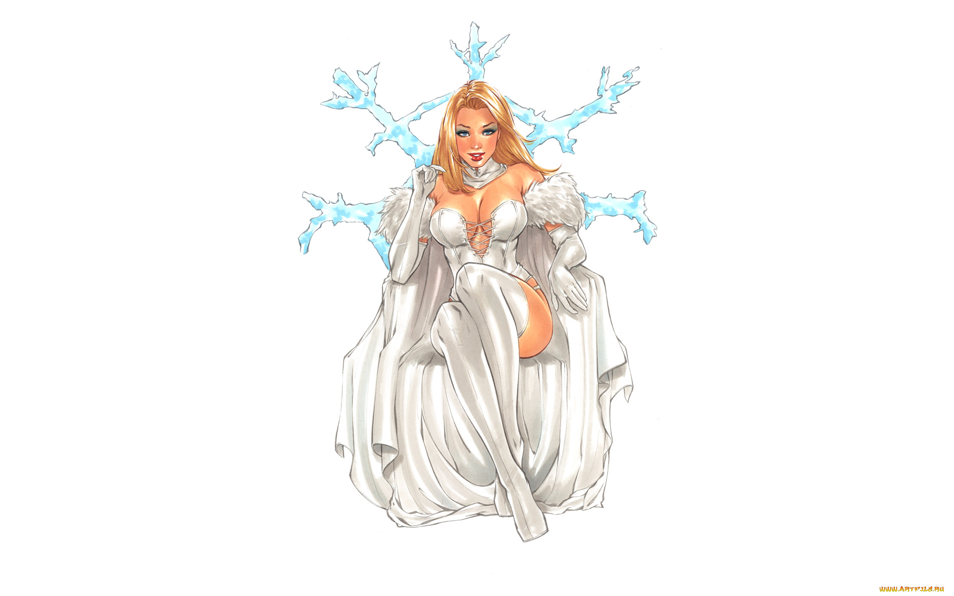 рисованное, комиксы, снежинка, кресло, улыбка, взгляд, фон, девушка