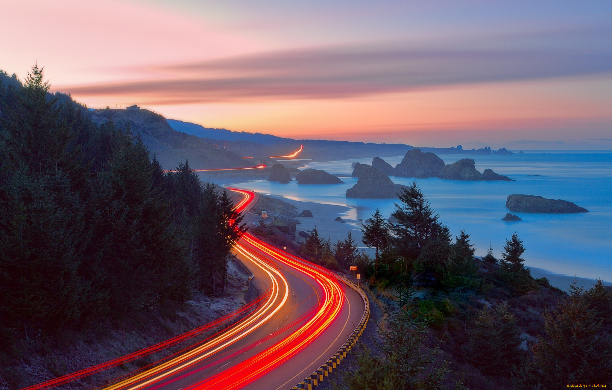 природа, дороги, дорога, океан, выдержка, лес, свет