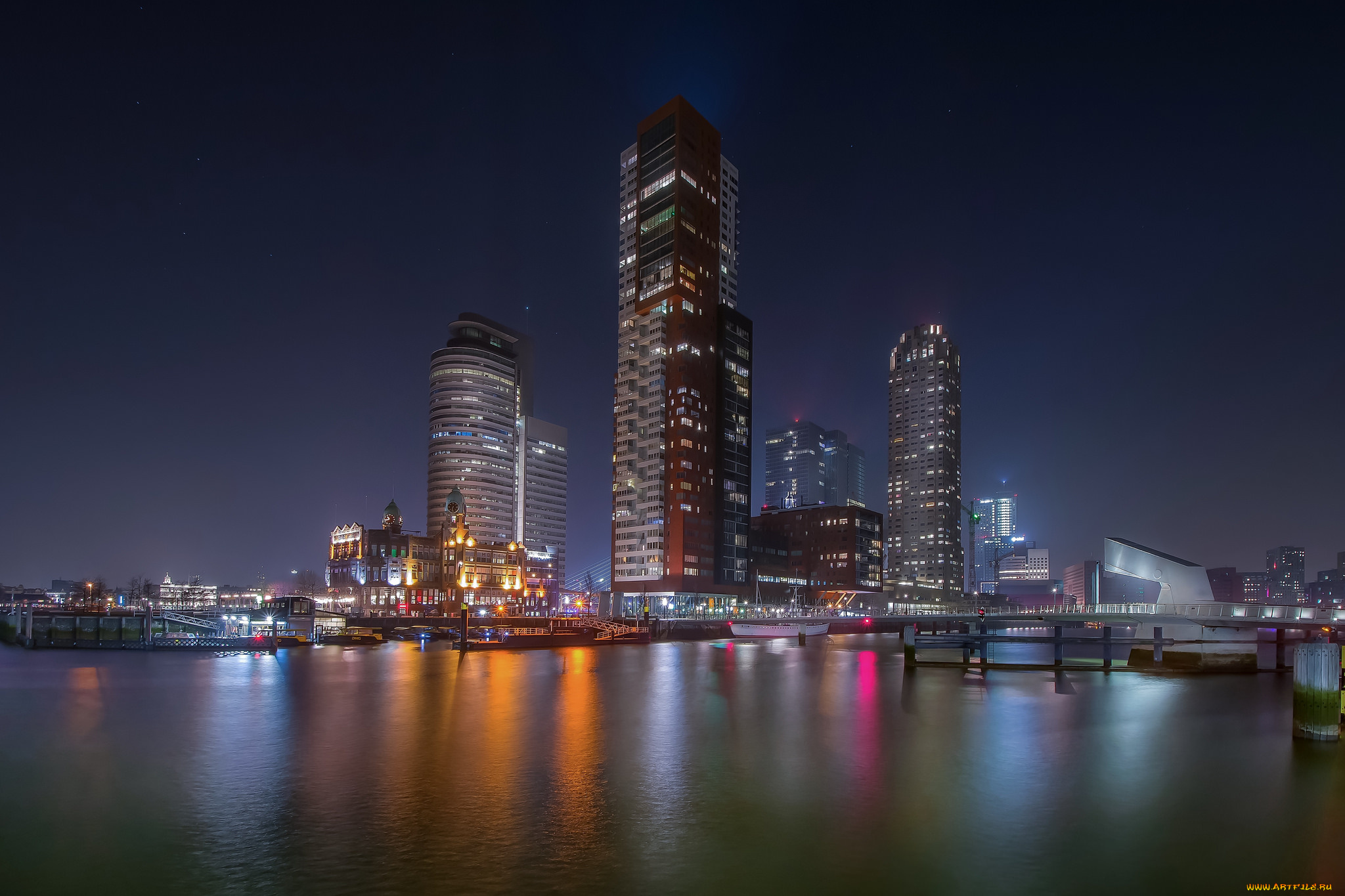 rotterdam, города, -, огни, ночного, города, высотки