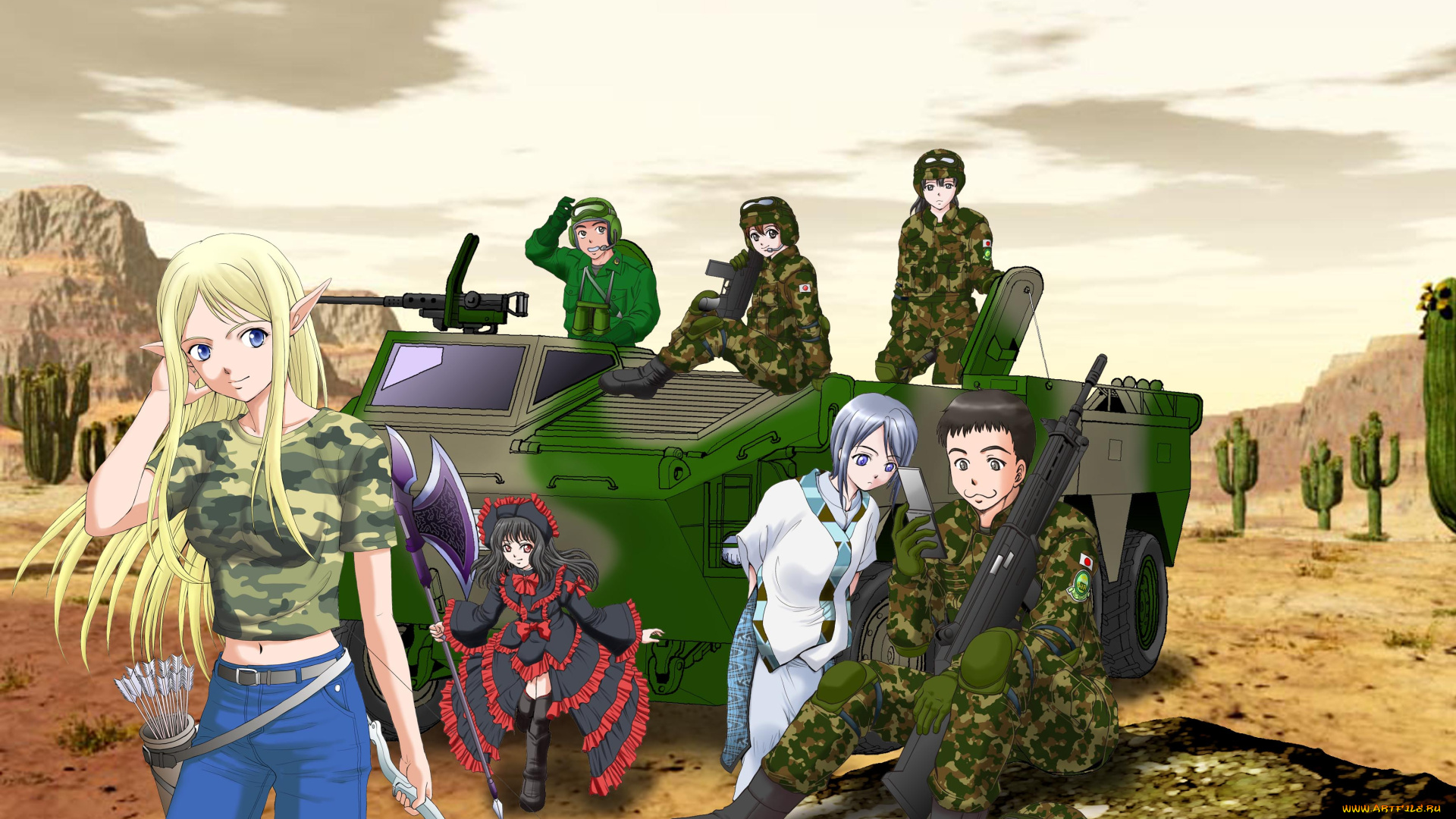 аниме, gate, парни, военные, техника, эльфы, девушки