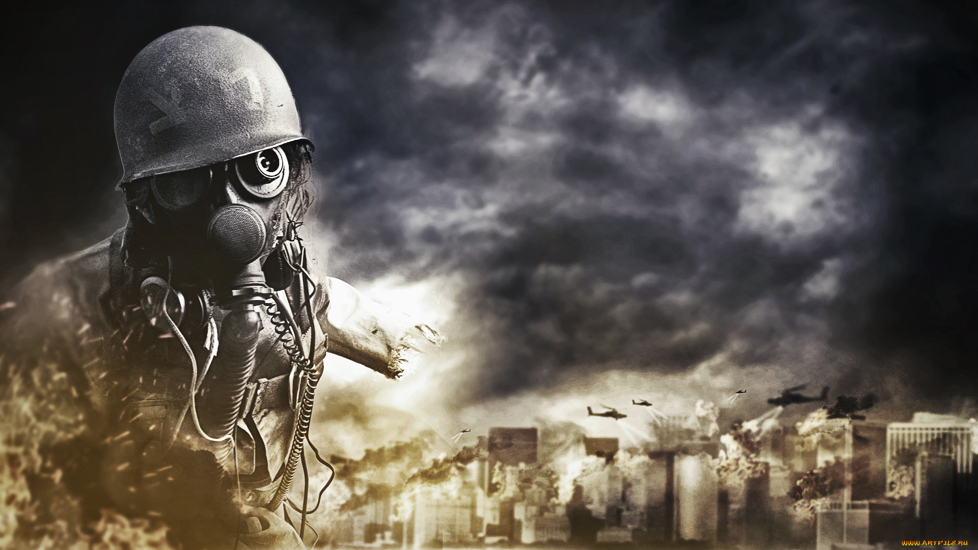 разное, компьютерный, дизайн, человек, каска, противогаз