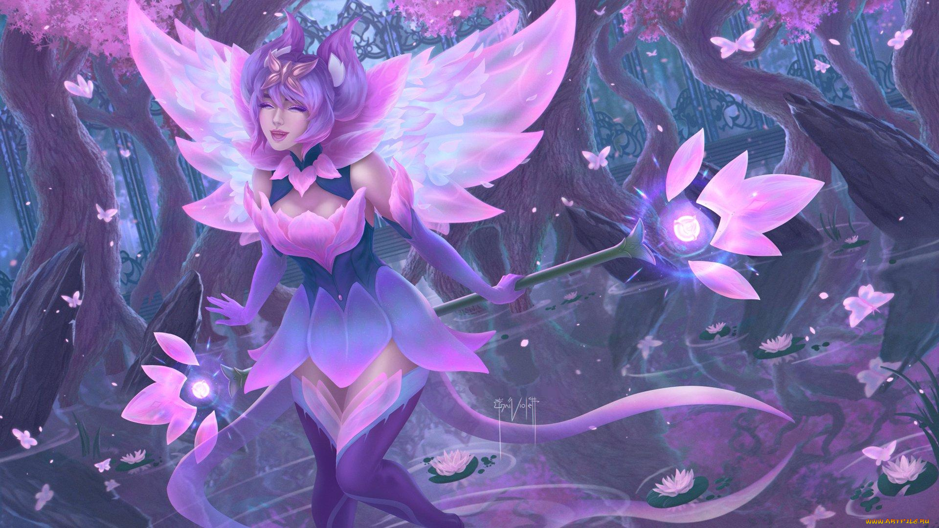 видео, игры, league, of, legends, девушка, посох, цветы, деревья, lux