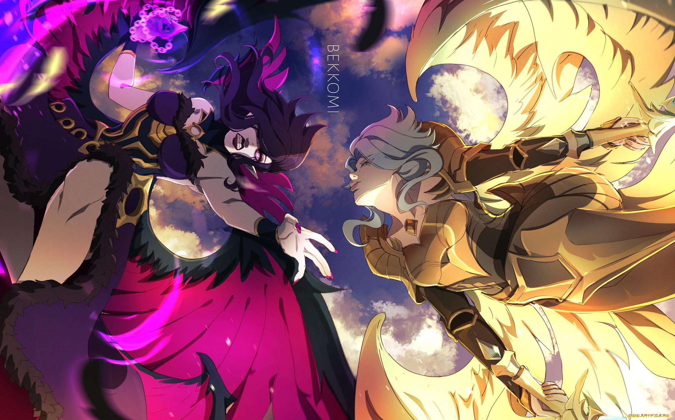 видео, игры, league, of, legends, morgana, kayle, девушки, крылья, бой