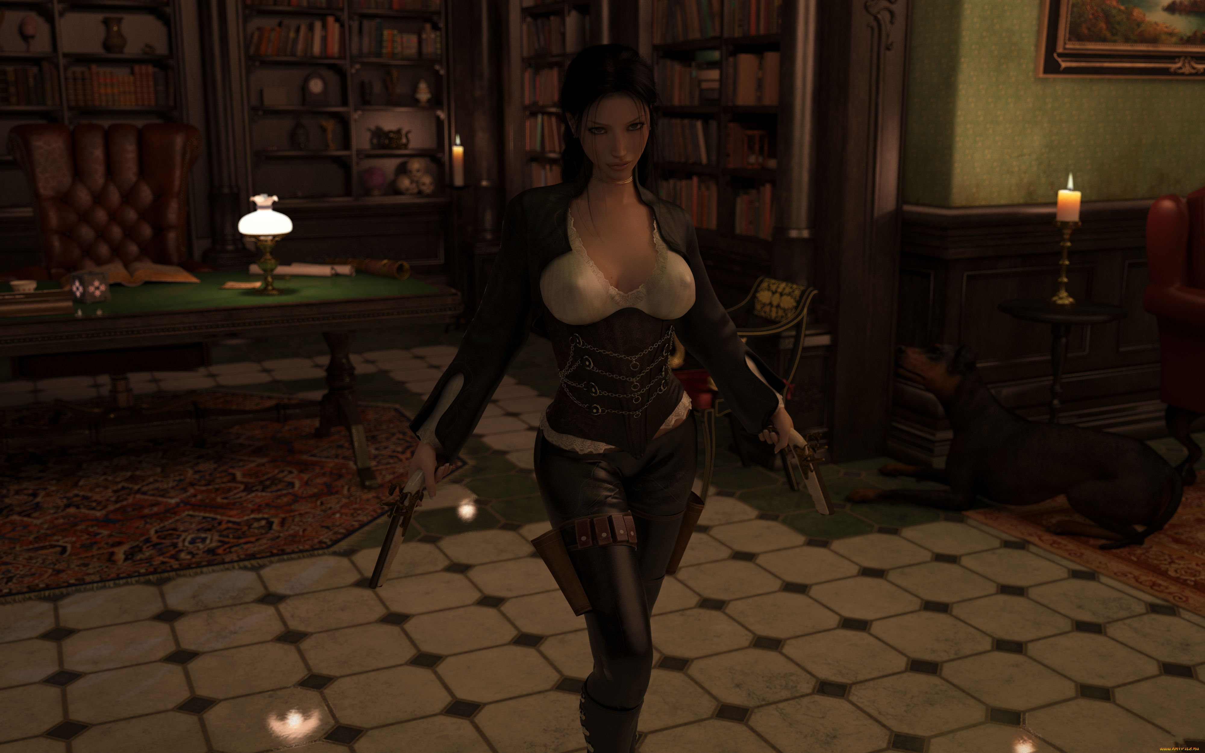 3д, графика, фантазия, , fantasy, девушка, фон, взгляд, униформа, комната, пистолет