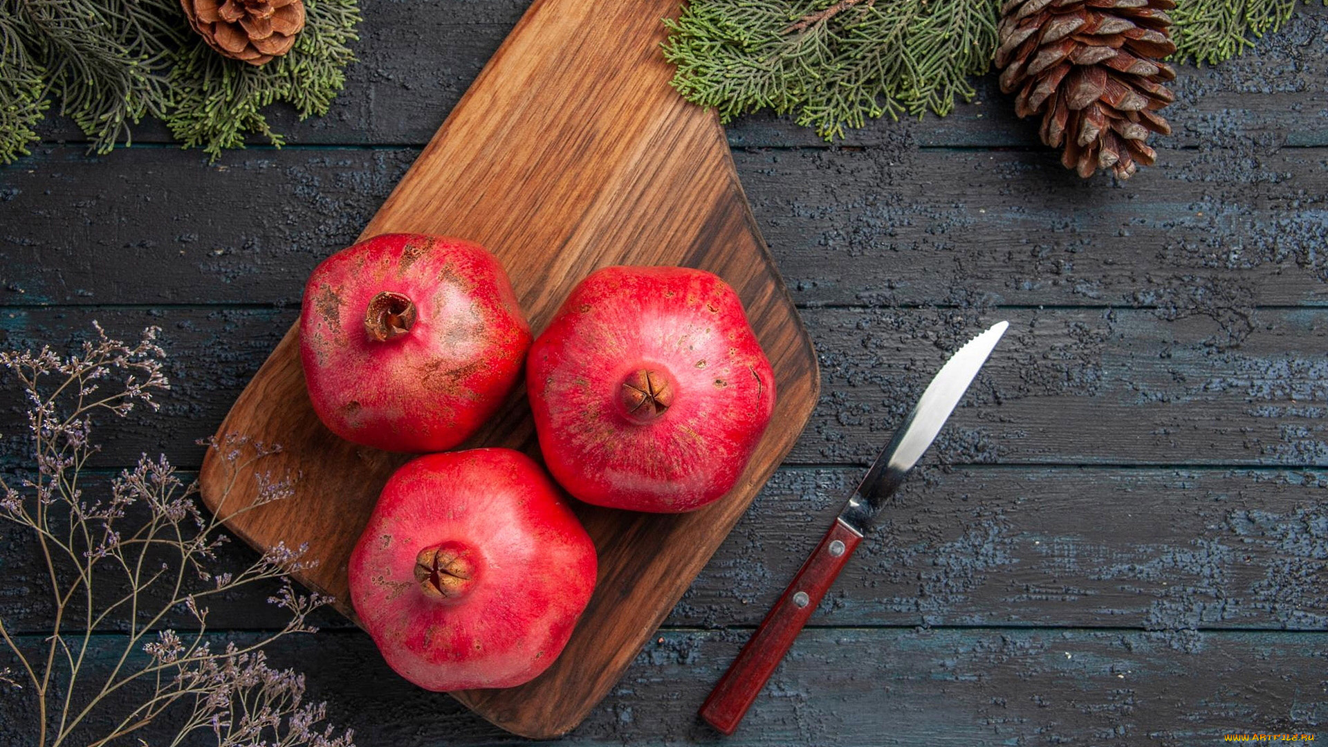 еда, гранат, шишка, нож