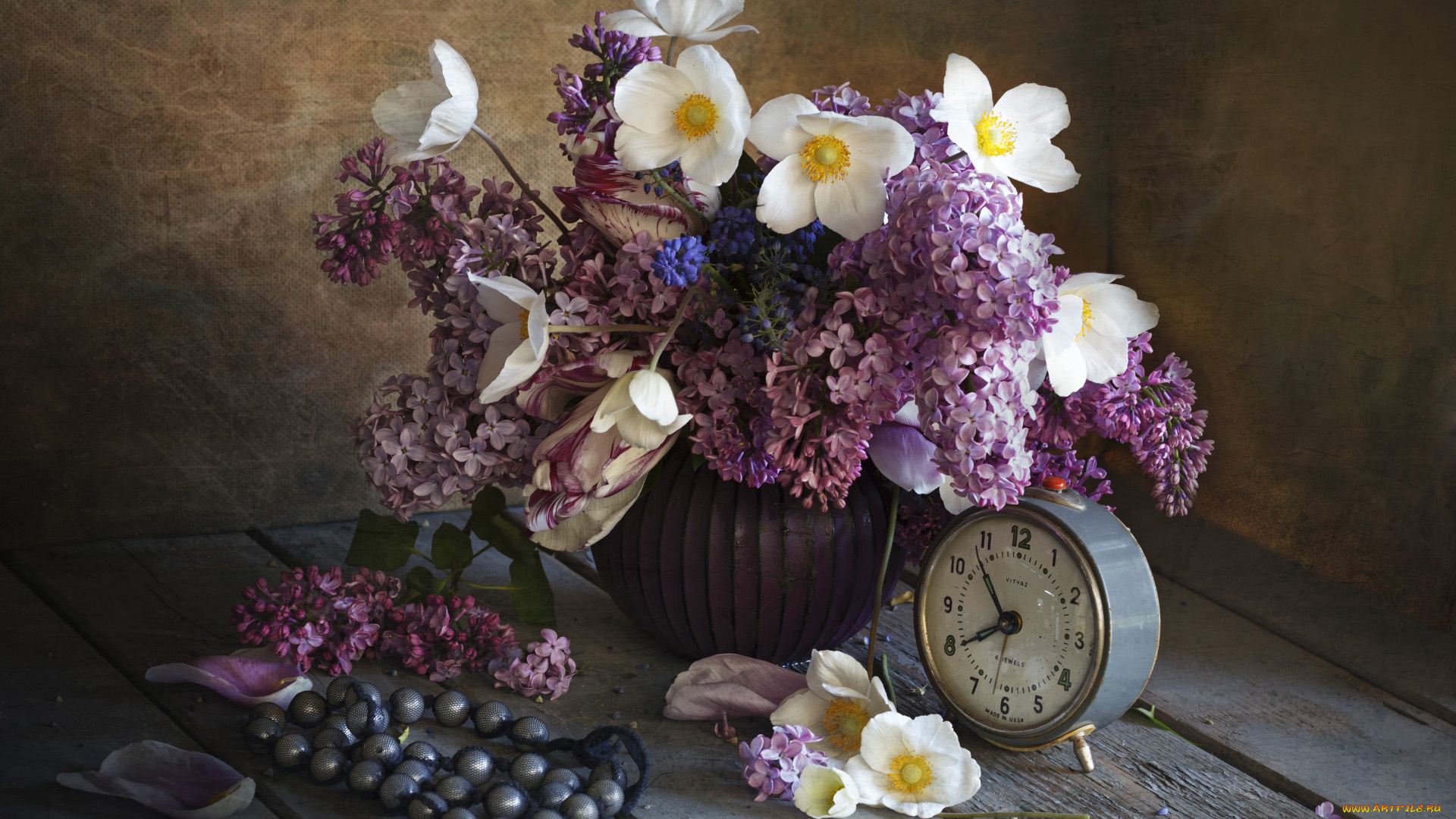 разное, часы, , часовые, механизмы, букет, сирень, анемоны, бусы, будильник