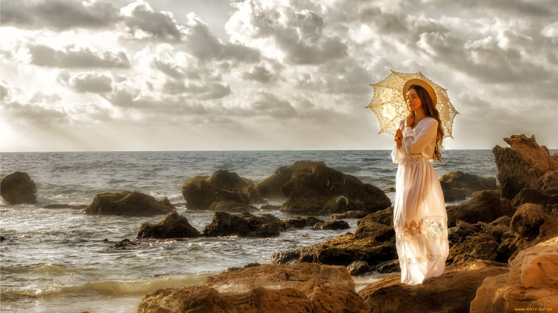 девушки, -, брюнетки, , шатенки, море, камни, тучи, шатенка, шляпа, зонтик, платье