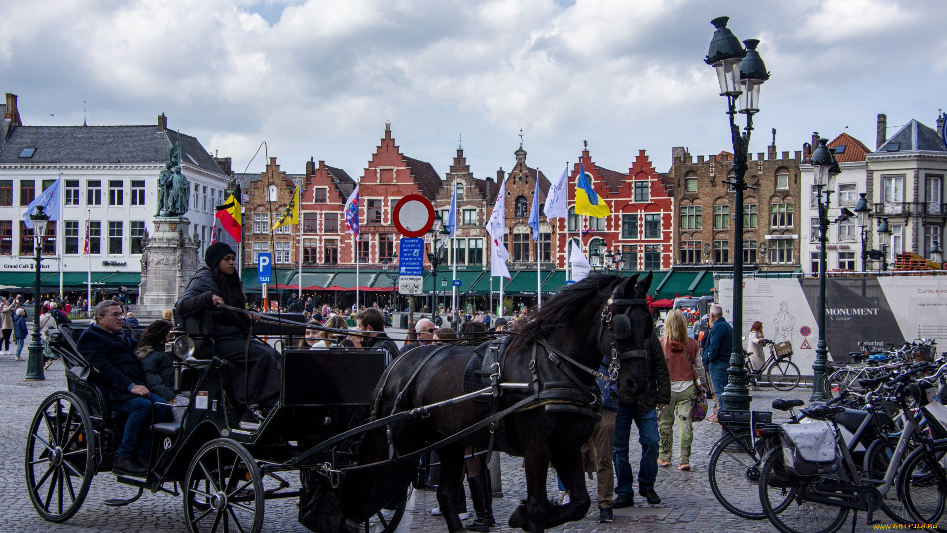 города, брюгге, , бельгия, памятник, туристы, повозки