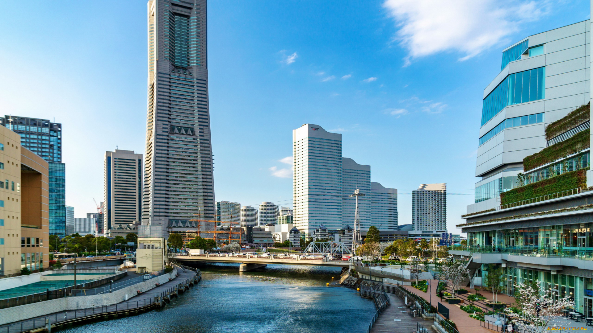 города, йокогама, , япония, река, мост, набережная, небоскребы