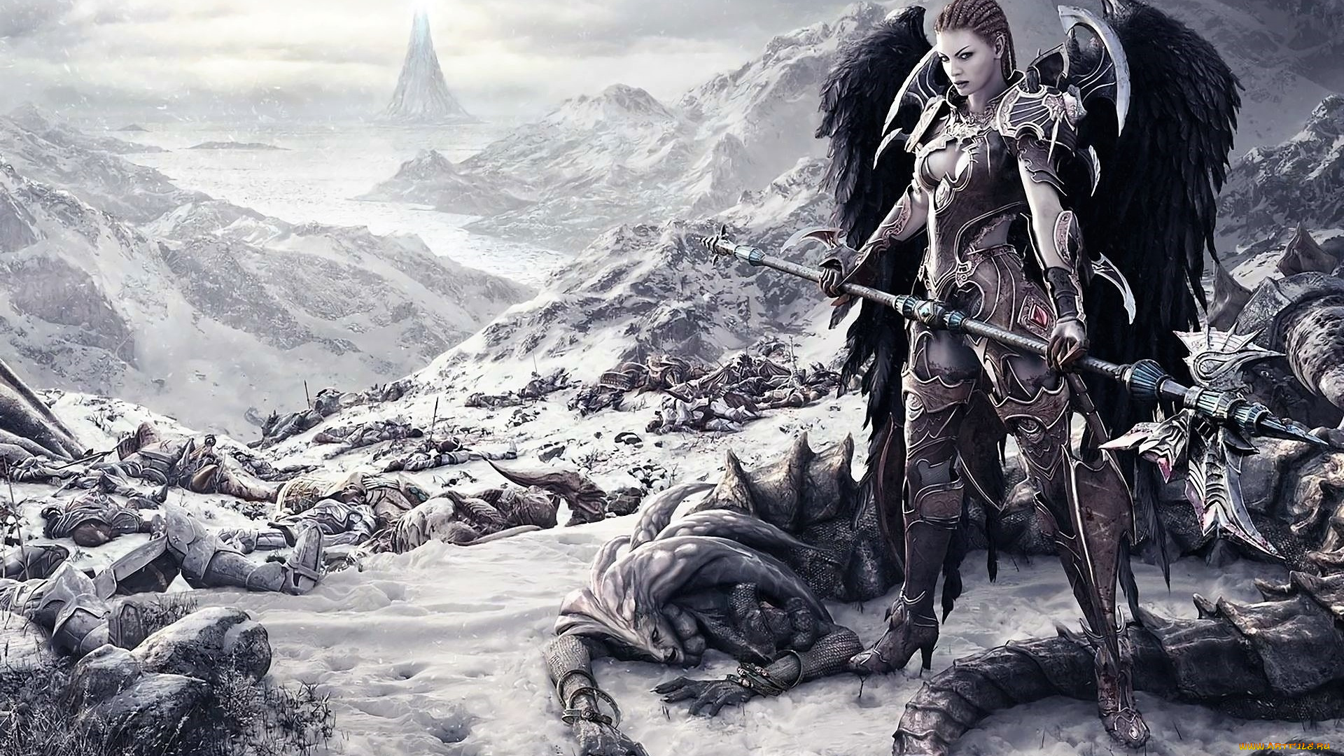 видео, игры, aion, девушка, ангел, крылья, оружие, трупы, горы