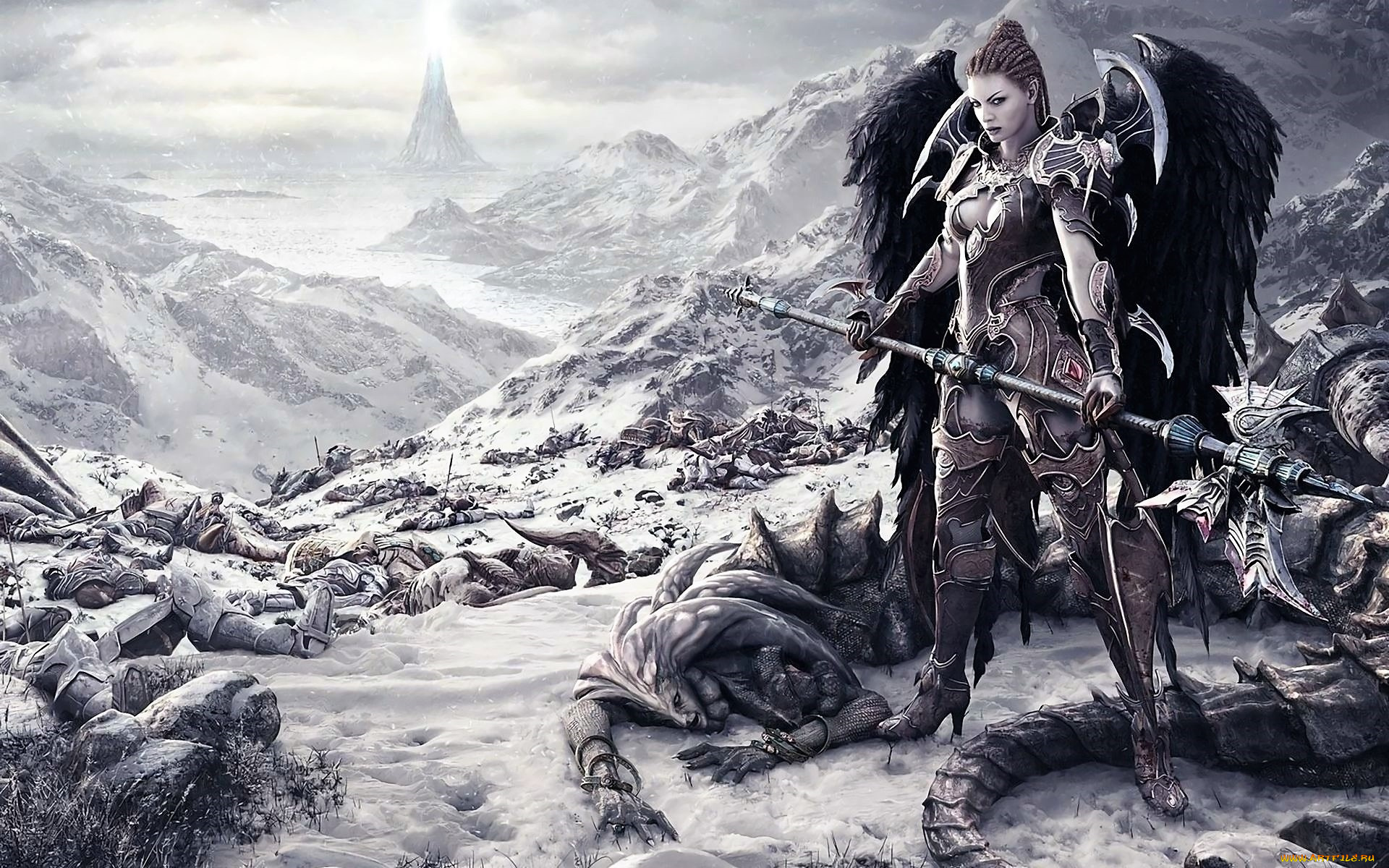 видео, игры, aion, девушка, ангел, крылья, оружие, трупы, горы