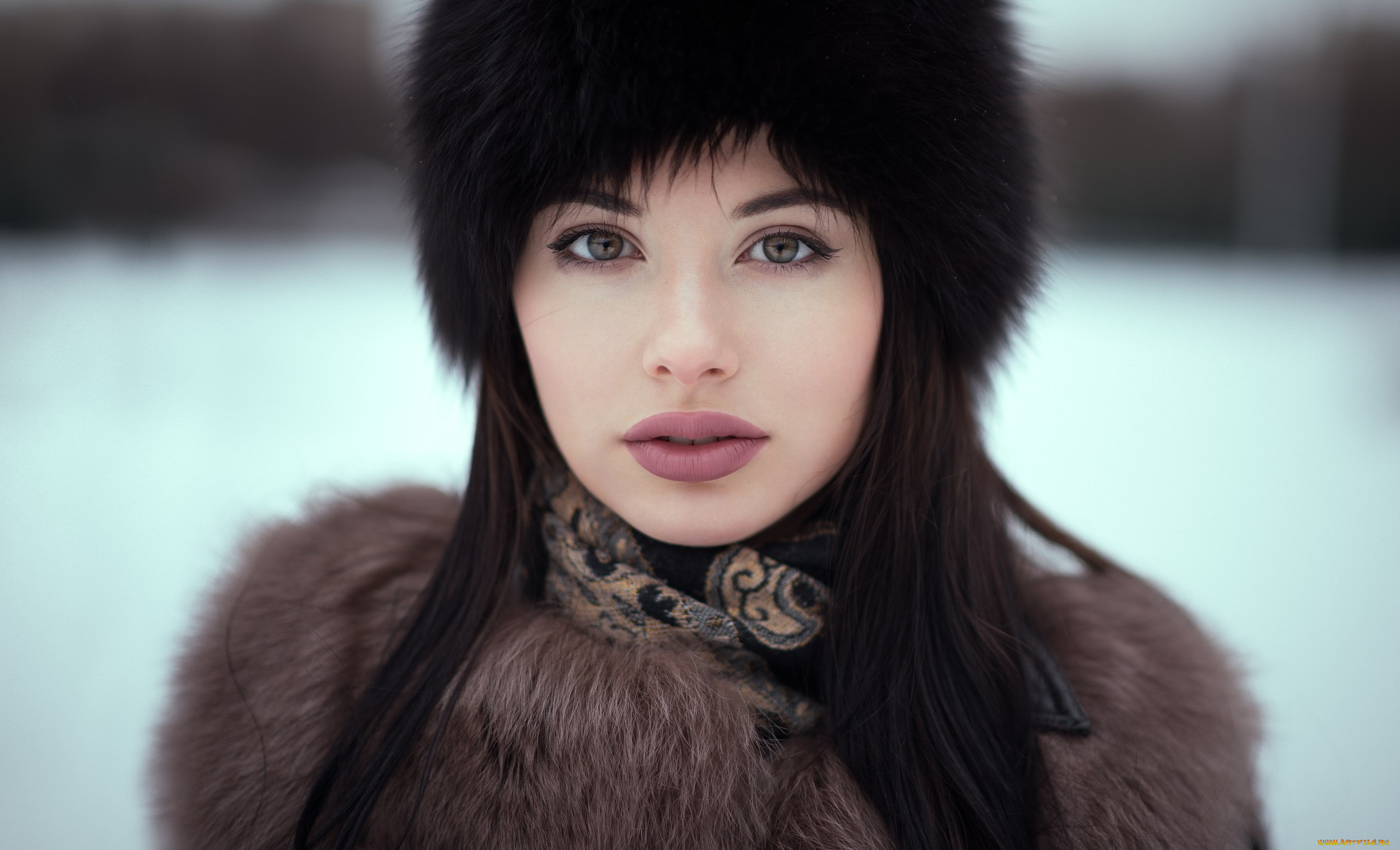 девушки, -, лица, , портреты, брюнетка, взгляд, меховая, шапка