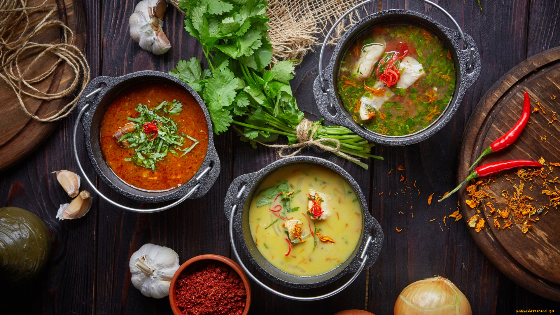 еда, первые, блюда, петрушка, чеснок, лук, острый, перец, супы, ассорти