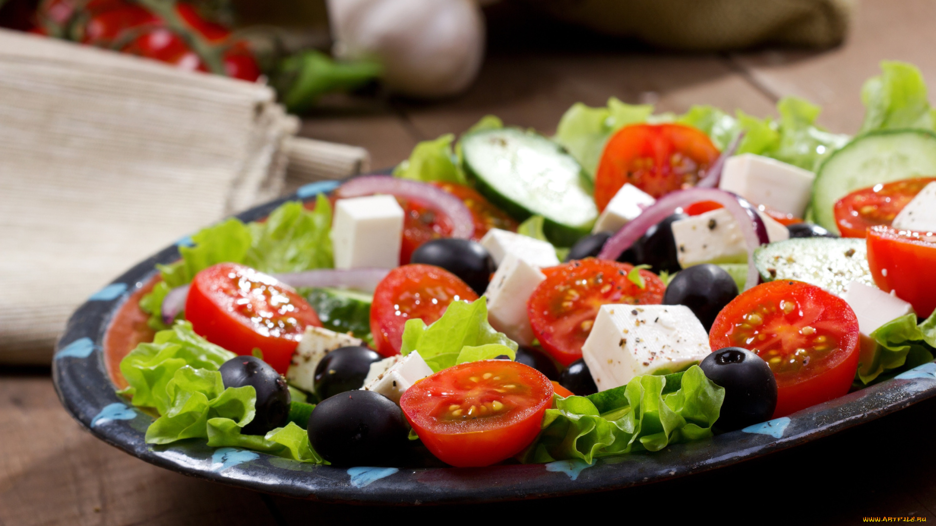 еда, салаты, , закуски, помидоры, огурец, салат, сыр, маслины