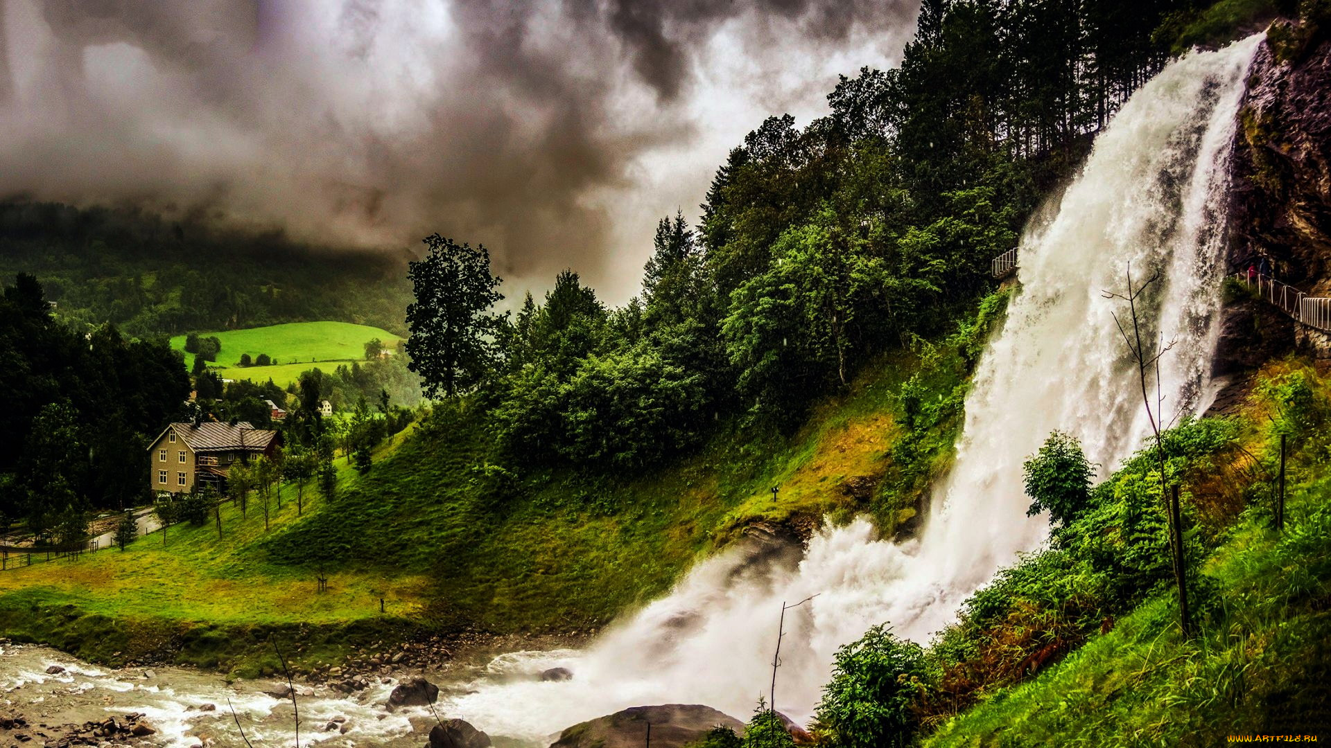 waterfall, at, hordaland, norway, города, -, здания, , дома, waterfall, at, hordaland