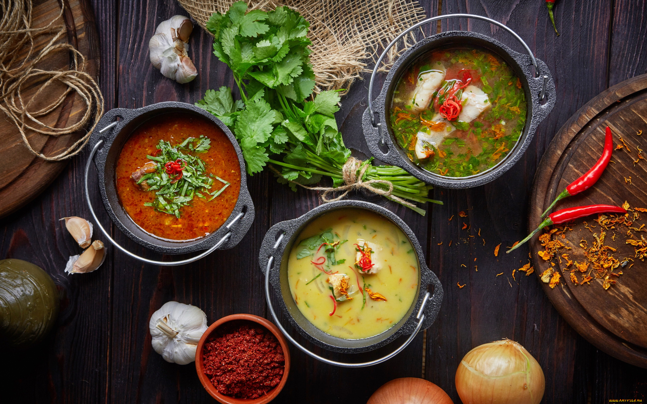 еда, первые, блюда, петрушка, чеснок, лук, острый, перец, супы, ассорти