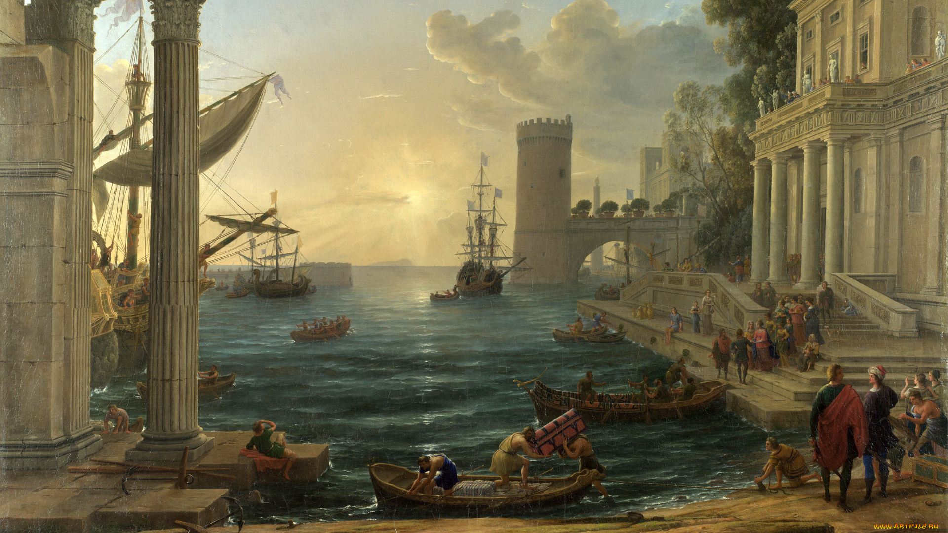 клод, лоррен, отплытие, царицы, савской, рисованные, живопись
