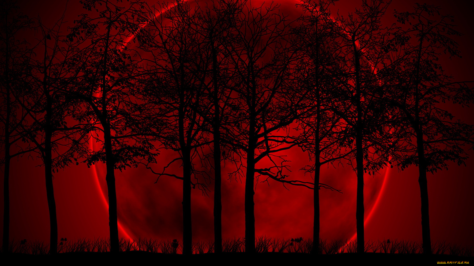 3д, графика, nature, landscape, природа, деревья, луна