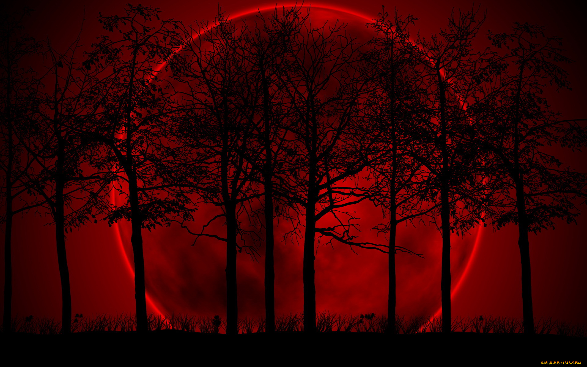 3д, графика, nature, landscape, природа, деревья, луна