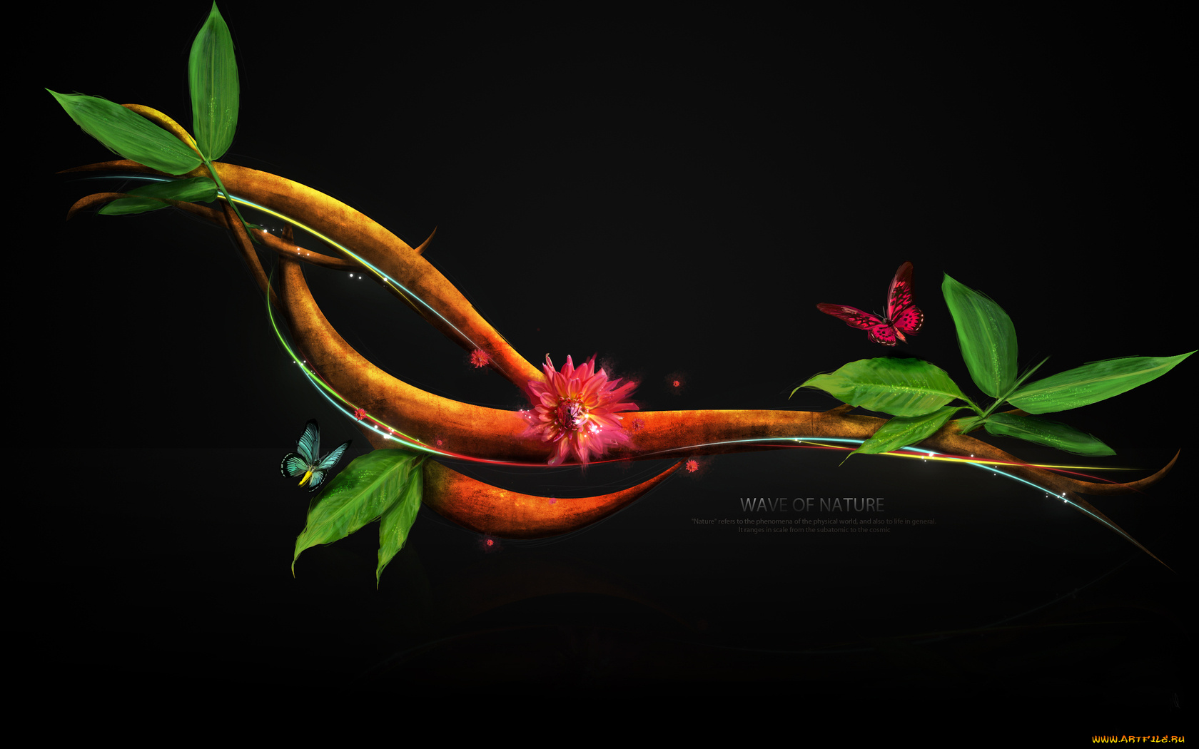 3д, графика, nature, landscape, природа, бабочки, ветка, листья