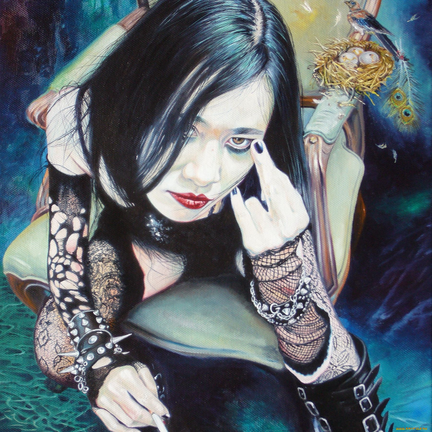 wlodzimierz, kuklinski, рисованные, гнездо, девушка, птица