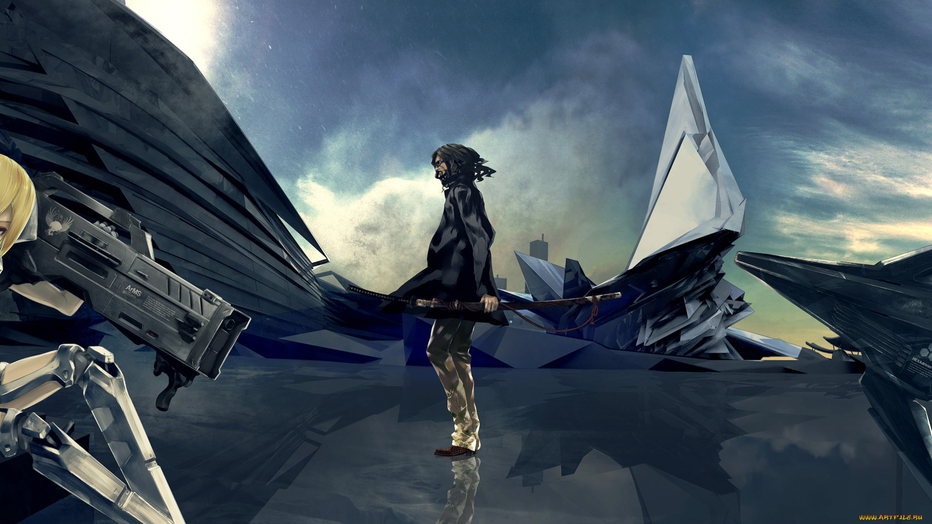 by, edjuice, аниме, weapon, blood, technology, рассвет, люди, оружие