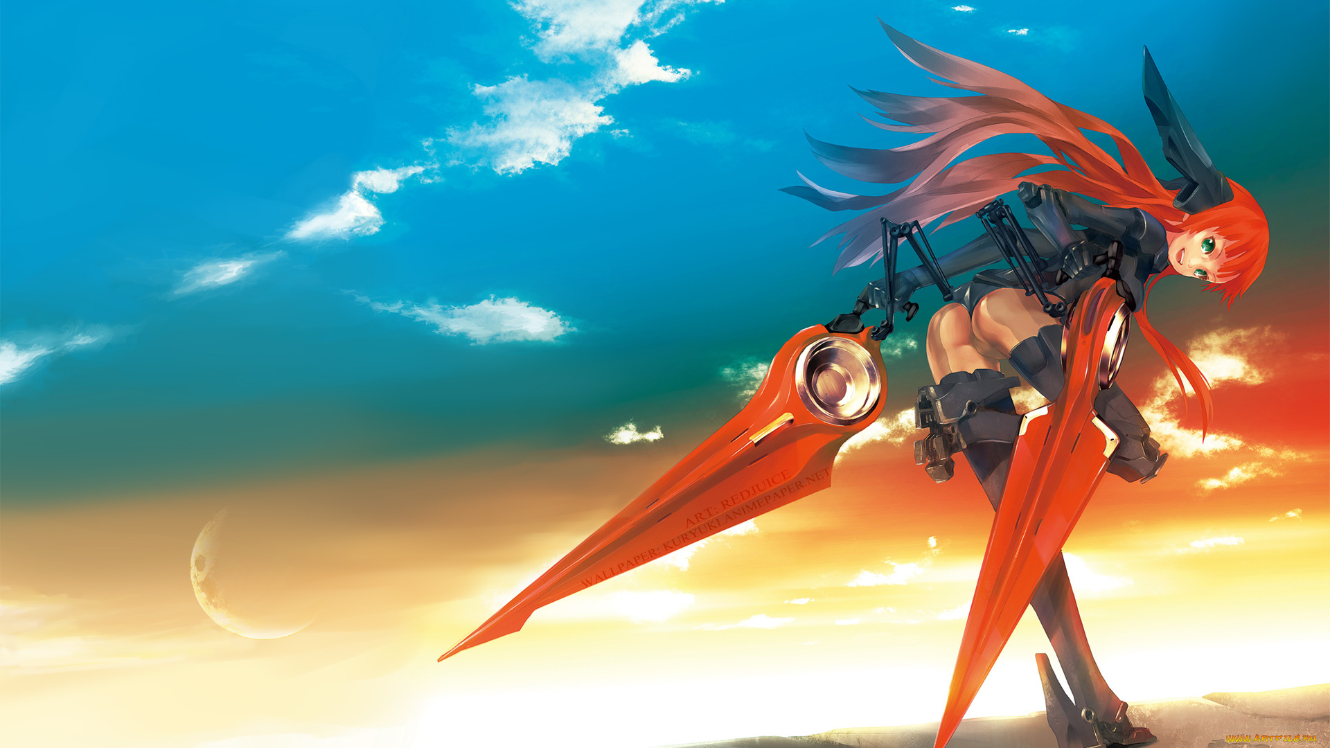 by, redjuice, аниме, weapon, blood, technology, небо, оружие, робот, девушка