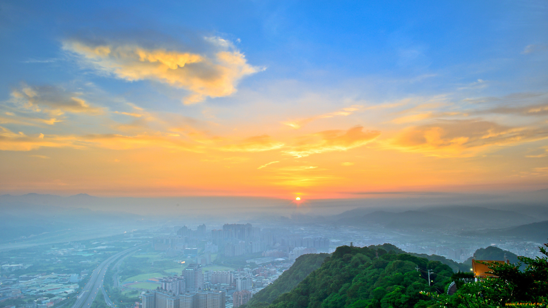 города, панорамы, закат