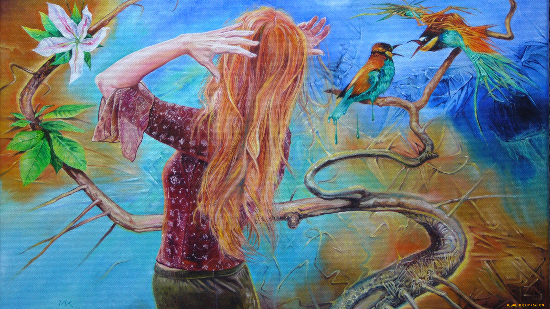 wlodzimierz, kuklinski, рисованные, девушка, птицы, цветок