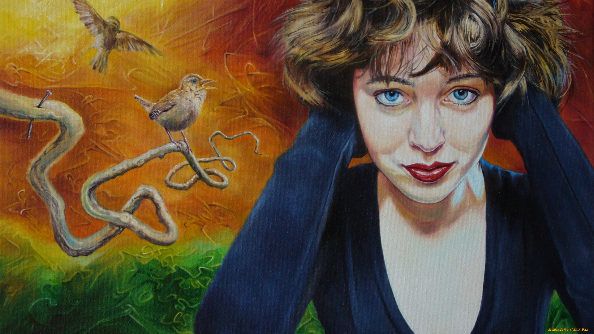 wlodzimierz, kuklinski, рисованные, птицы, девушка