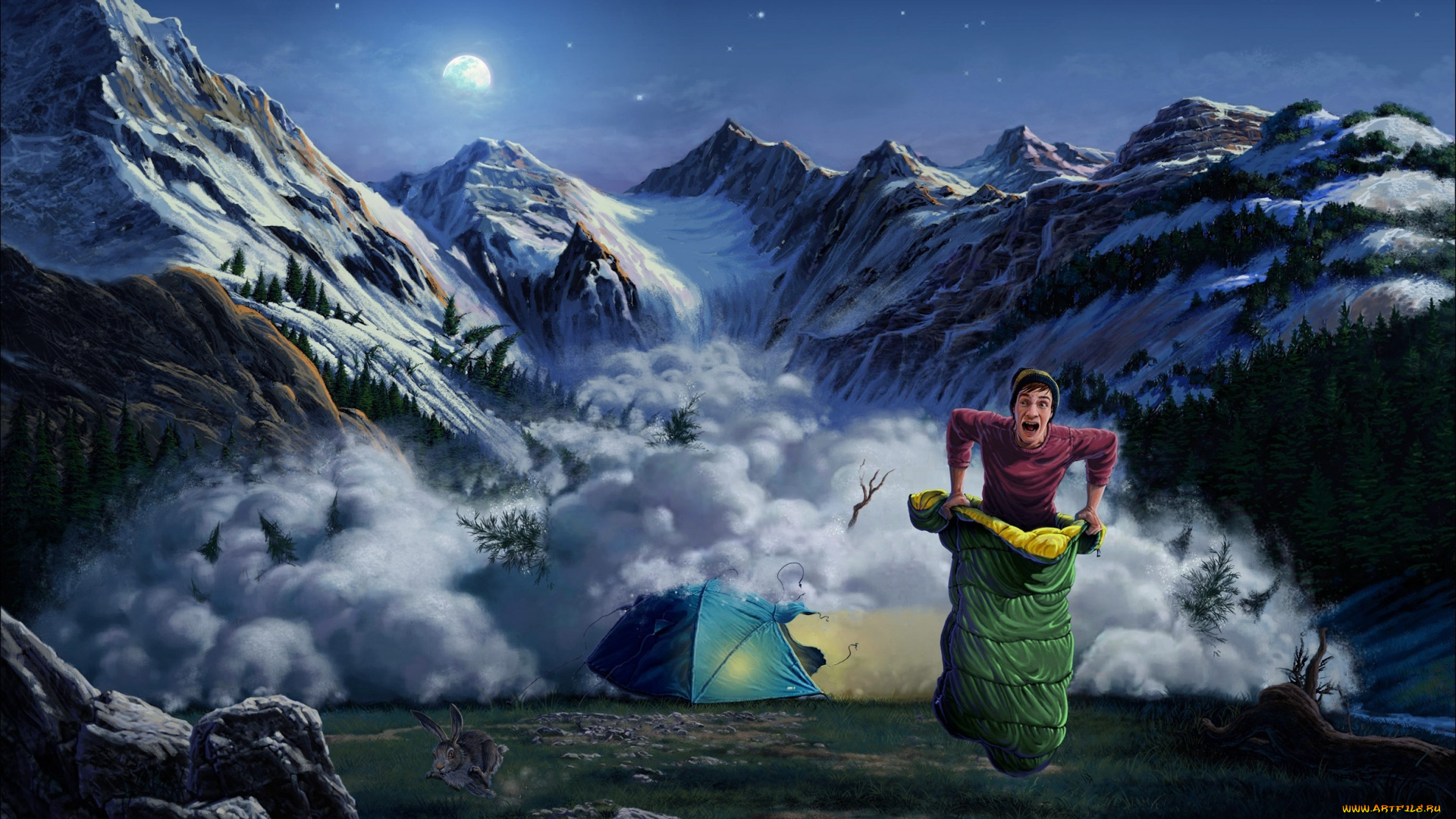 юмор, приколы, парень, горы, лавина, палатка, спальный, мешок, ситуация