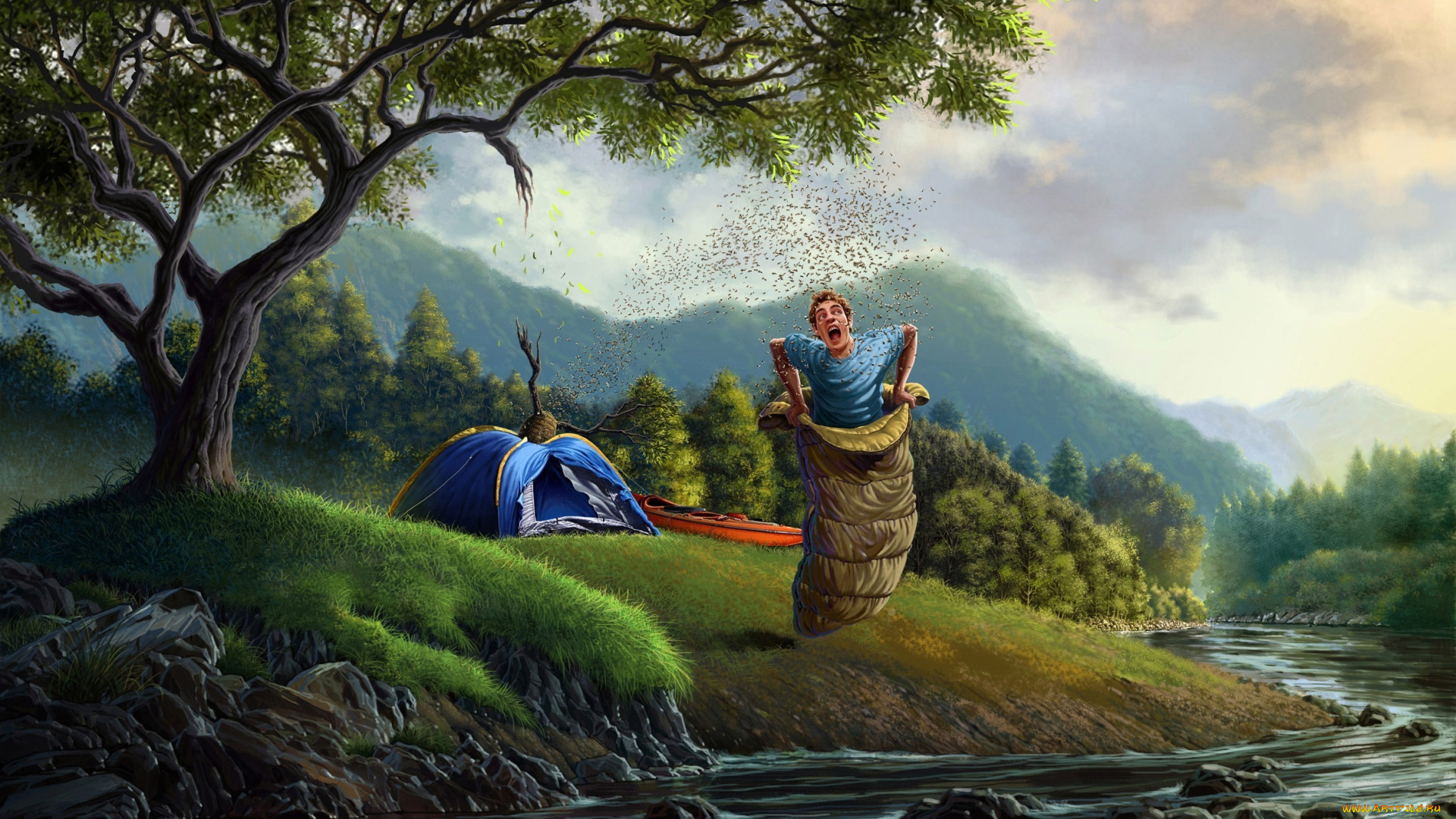 юмор, приколы, парень, лес, пчёлы, река, палатка, спальный, мешок, ситуация